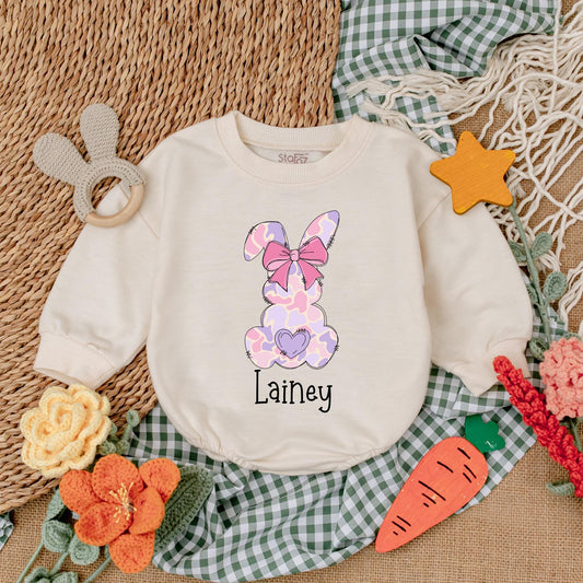 Pink Camo Personalized Easter Romper with Bow Baby Girl Bubble Romper Adorable First Easter Day Outfit Shower Gift