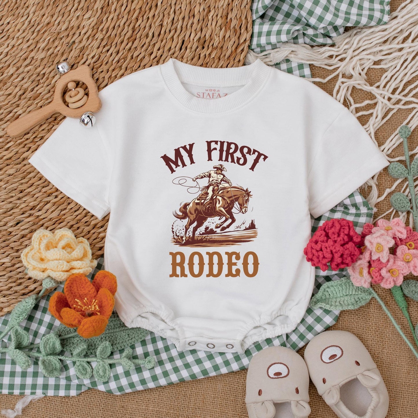 Personalized My First Rodeo Romper Cute Cowboy Baby Outfit Short Sleeve Bubble Onesie 1st Birthday Outfit Shower Gift