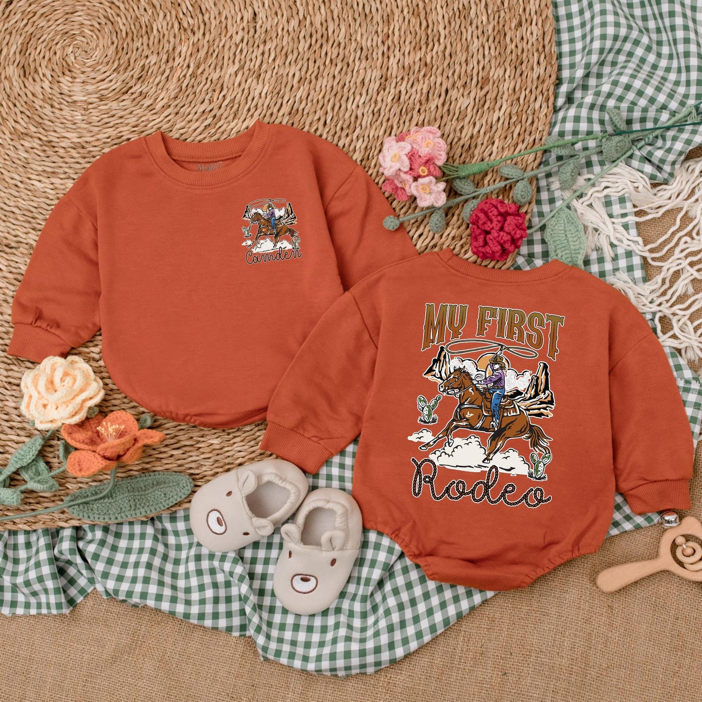 Personalized My First Rodeo Romper Western Cowboy Outfit 1st Birthday Baby Boy Clothes