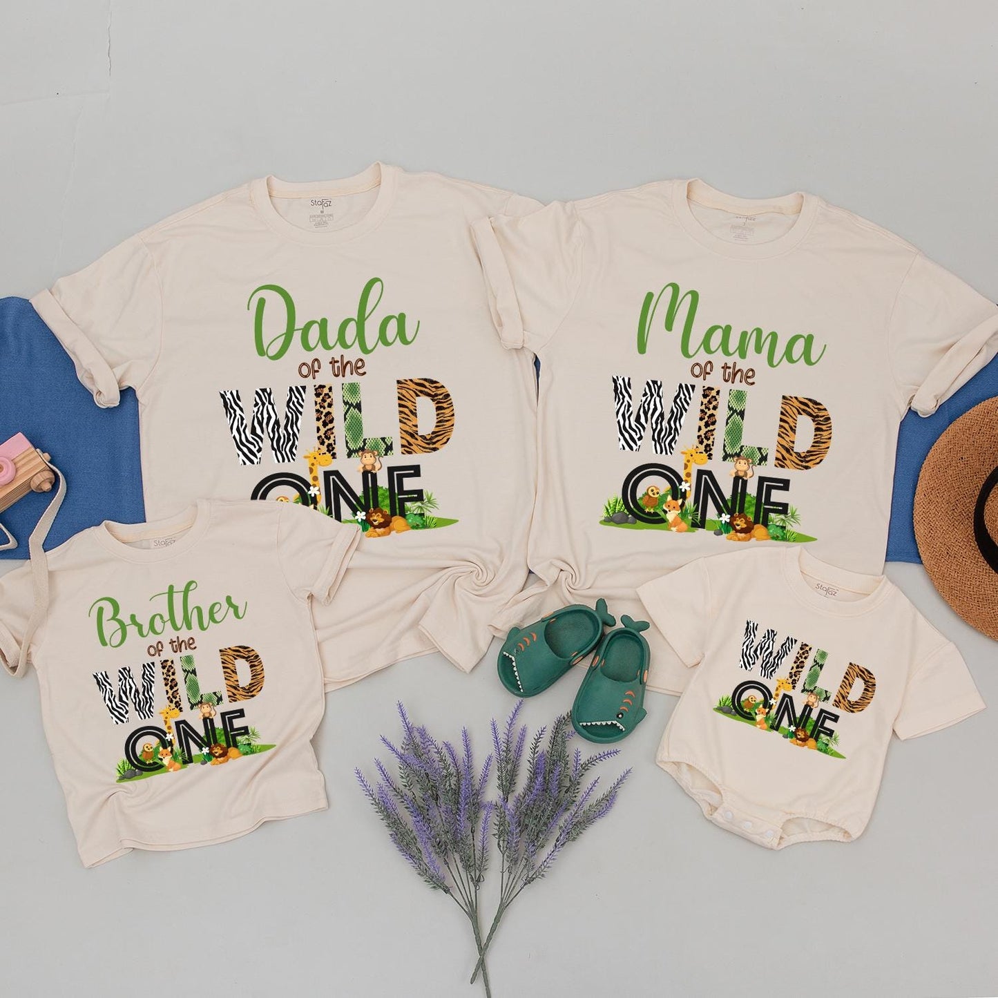 Matching Wild One Family Birthday Shirts for Mom Dad and the Birthday Kid featuring fun safari zoo animal designs soft comfortable cotton tees