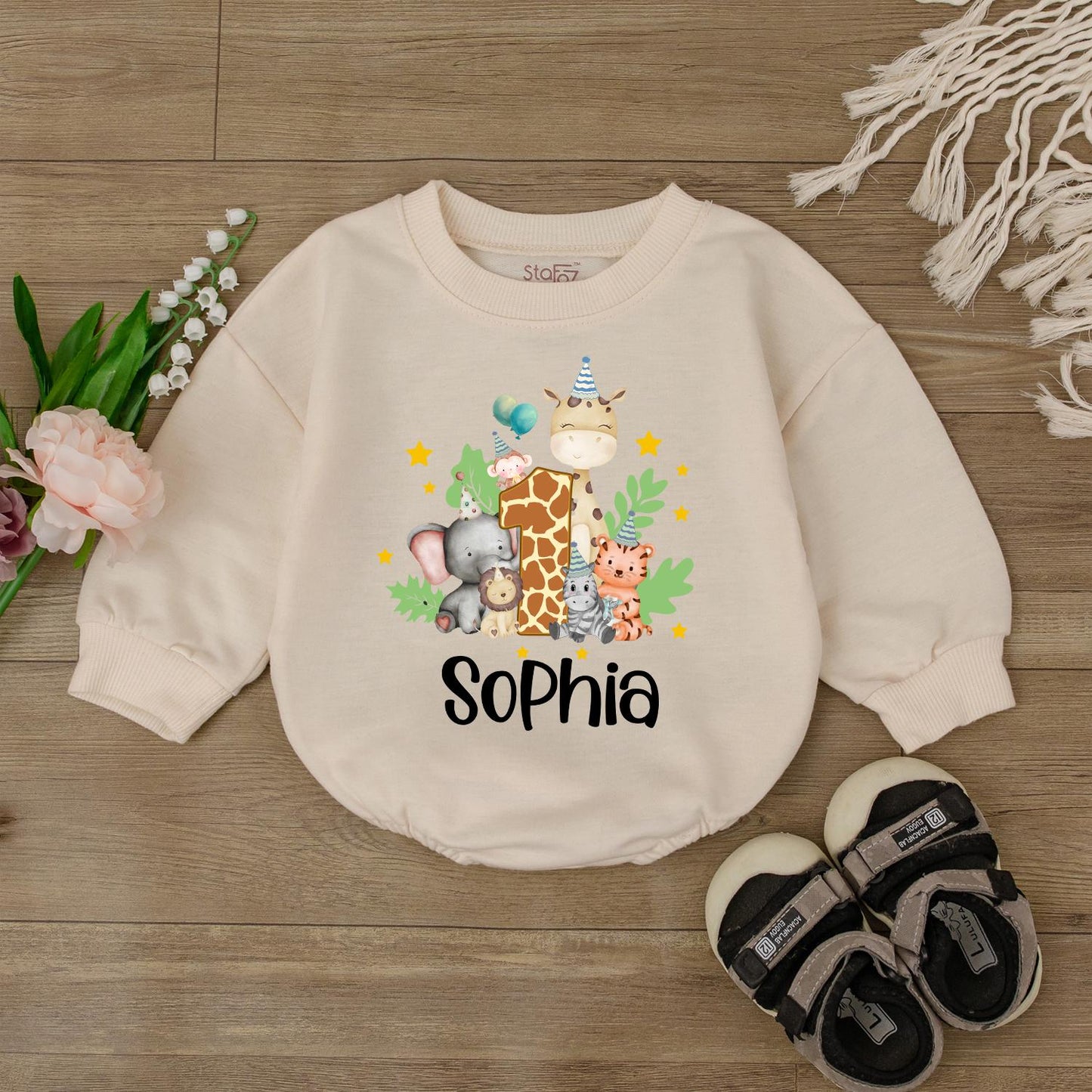 Zoo Birthday Bubble Romper Custom Safari Outfit Baby Newborn Personalized Name Cute Bodysuit Baby Shower Gift