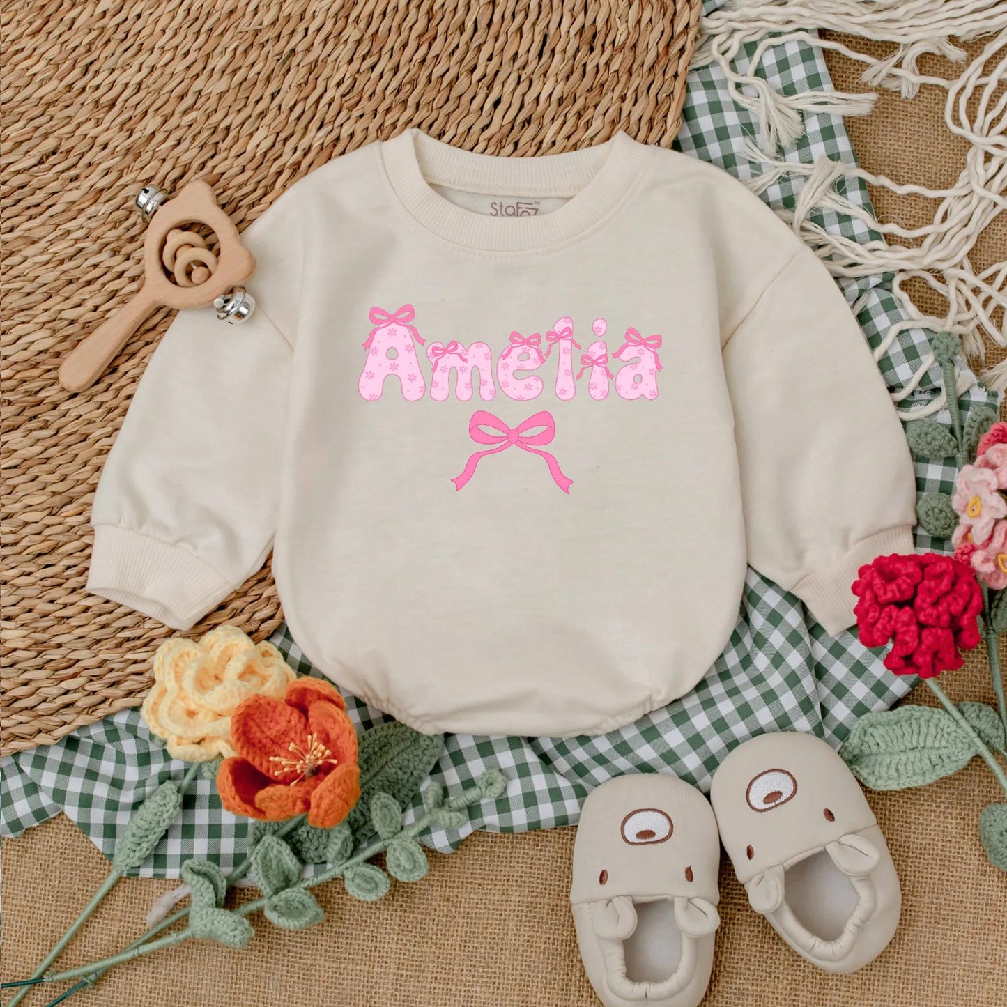 Personalized Name Pink Bow Baby Girl Romper Cute Long Sleeve Bubble Outfit Toddler Birthday Baby Shower Gift
