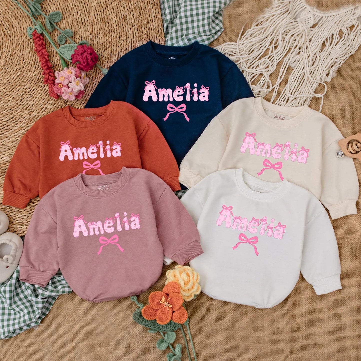 Personalized Name Pink Bow Baby Girl Romper Cute Long Sleeve Bubble Outfit Toddler Birthday Baby Shower Gift