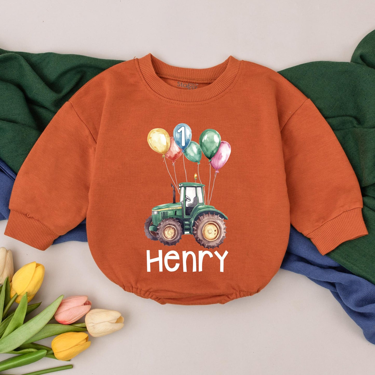 Personalized Tractor First Birthday Bubble Romper Outfit for Baby Boy 1st Birthday Party Celebration Gift Baby Shower