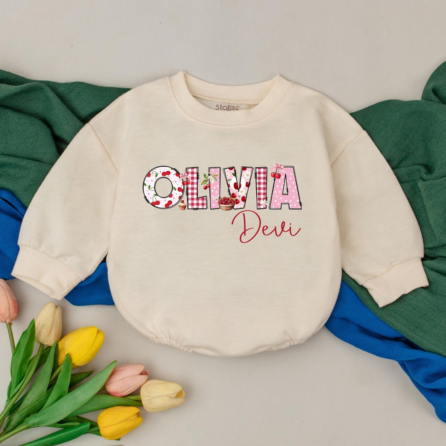 Personalized Cherry Baby Romper, Custom Name Infant Bodysuit, Cute Girl Outfit, First Birthday Gift, Sweet Cherries, Soft Cotton Clothes (134 chars)