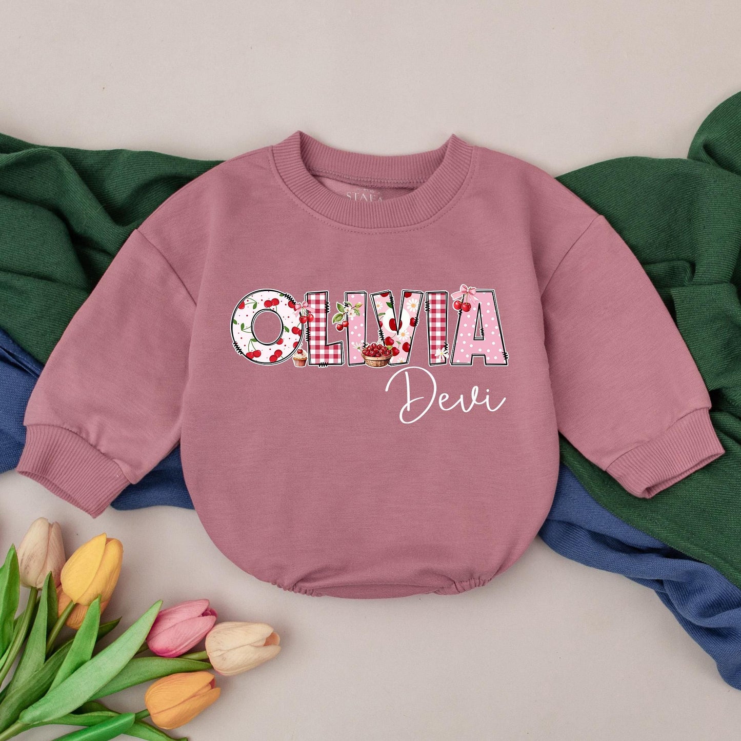 Personalized Cherry Baby Romper, Custom Name Infant Bodysuit, Cute Girl Outfit, First Birthday Gift, Sweet Cherries, Soft Cotton Clothes (134 chars)