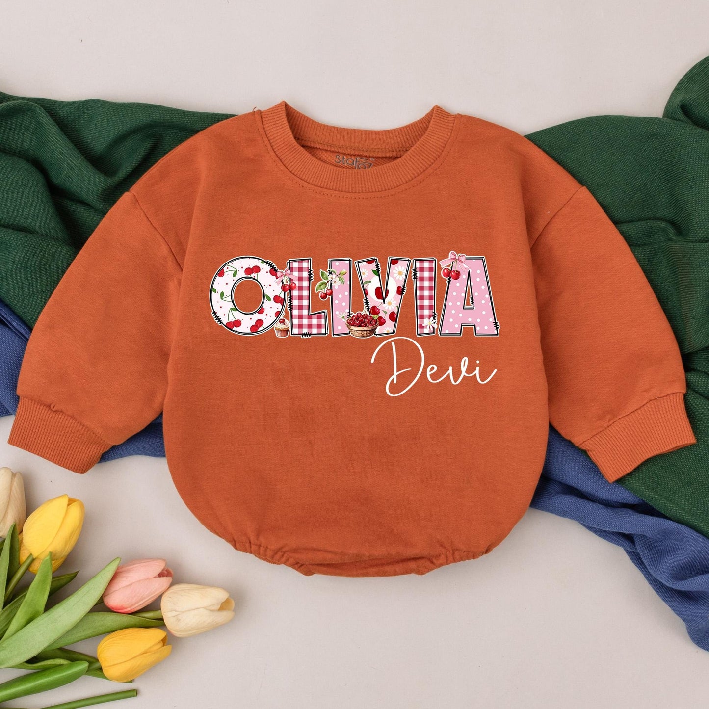 Personalized Cherry Baby Romper, Custom Name Infant Bodysuit, Cute Girl Outfit, First Birthday Gift, Sweet Cherries, Soft Cotton Clothes (134 chars)