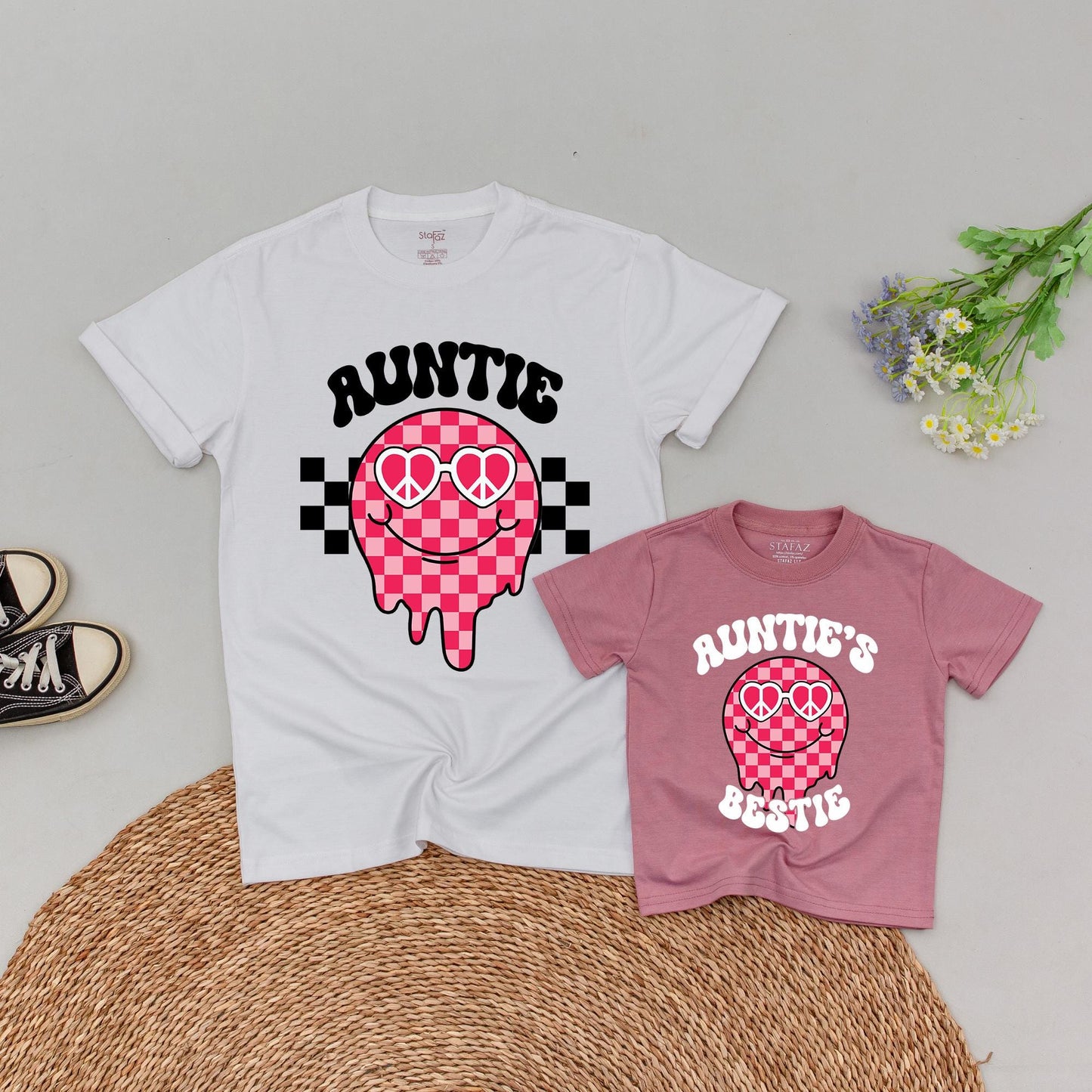 Personalized Checkered Aunt Niece & Nephew Matching Tees Auntie's Bestie Shirt Baby Gift Outfit