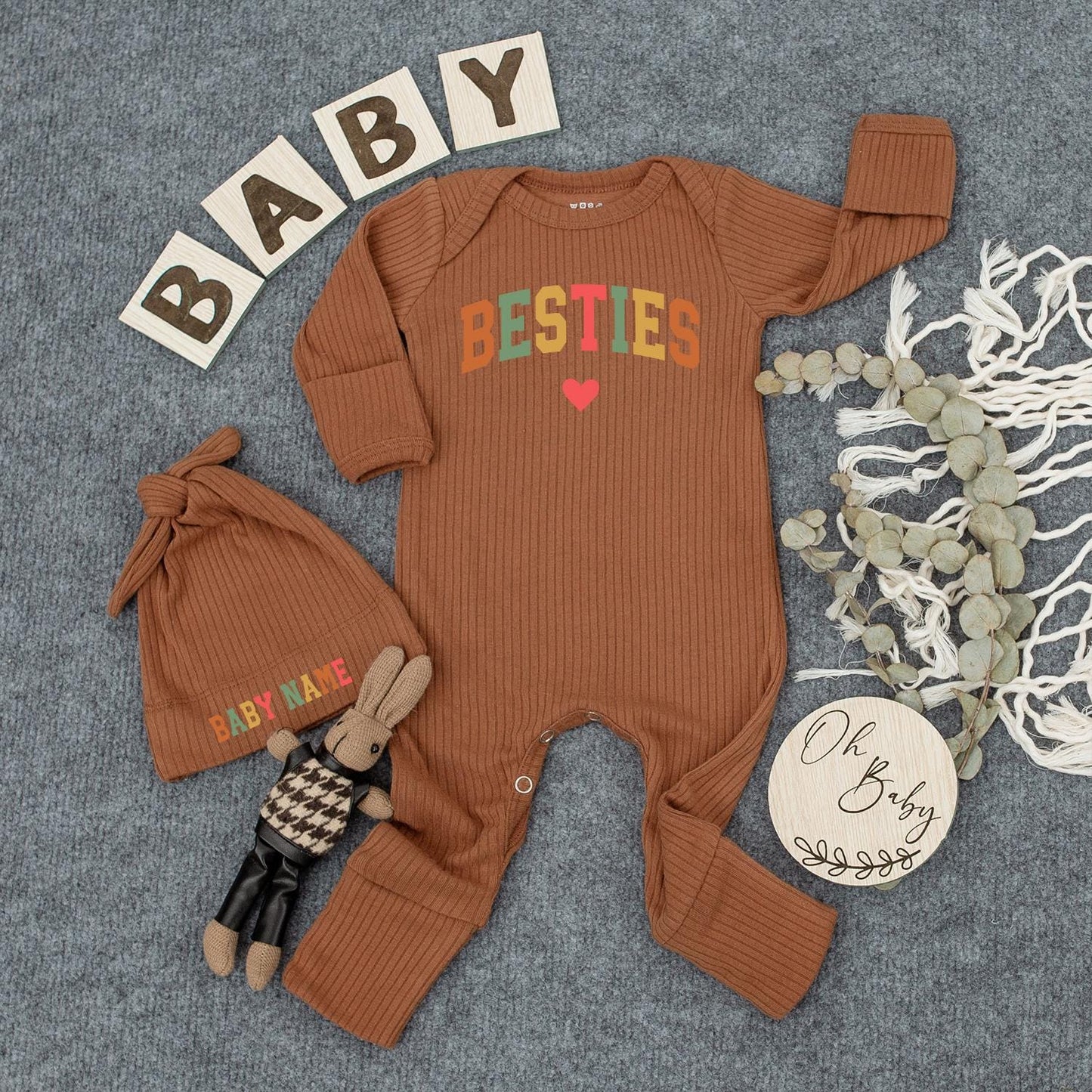 Besties Baby Bodysuit & Hat Set Personalized Name Newborn Gift with Colorful Block Letters & Red Heart - Cute Baby Outfit