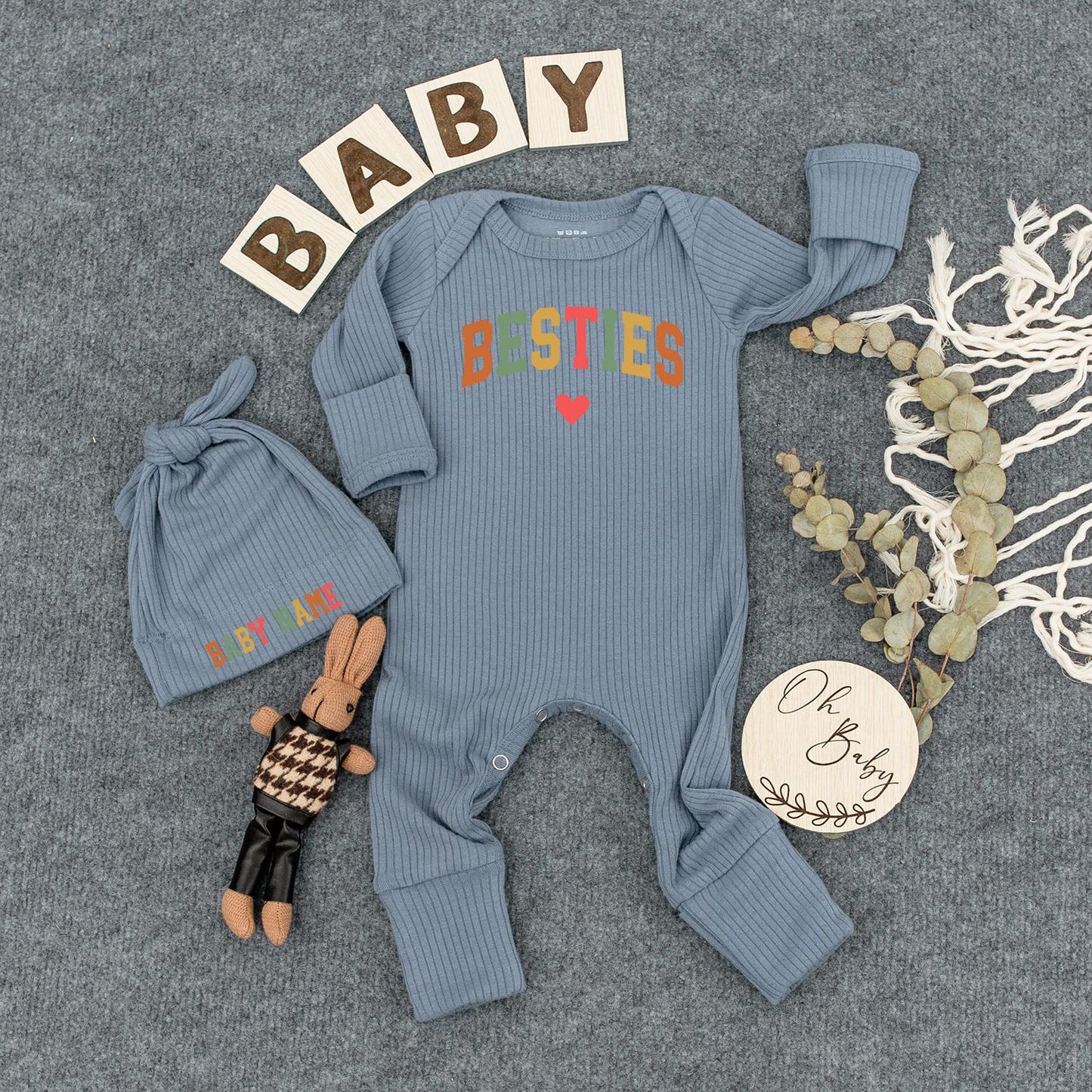 Besties Baby Bodysuit & Hat Set Personalized Name Newborn Gift with Colorful Block Letters & Red Heart - Cute Baby Outfit