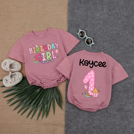 Personalized Pink Cupcake First Birthday Romper Sweet Girl Cake Smash Oversized Bodysuit with Sprinkles Infant Toddler Baby Shower Gift