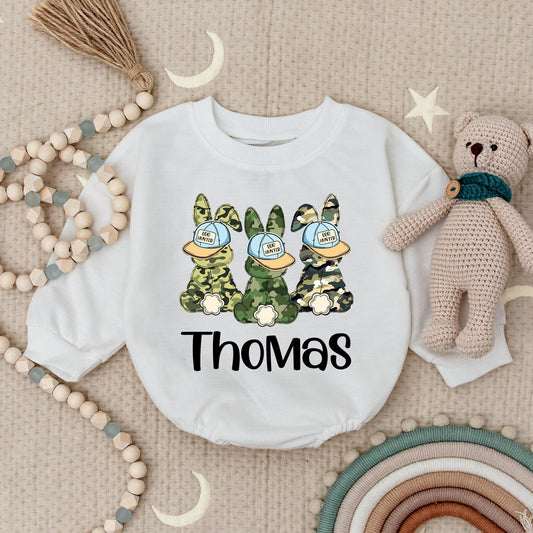Personalized Thomas Egg Hunter Easter Camo Baby Bodysuit Cute Bunny Romper for Boys My First Easter Gift