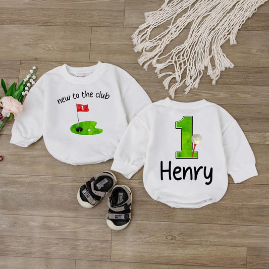 Retro Golf First Birthday Baby Bubble Romper Custom Name Golf Theme Baby Boy Smash Cake Outfit