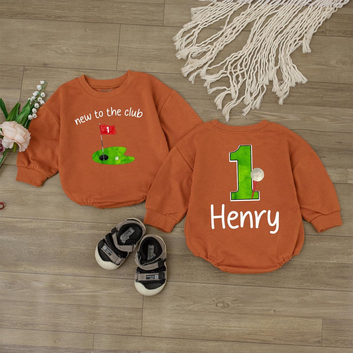Retro Golf First Birthday Baby Bubble Romper Custom Name Golf Theme Baby Boy Smash Cake Outfit