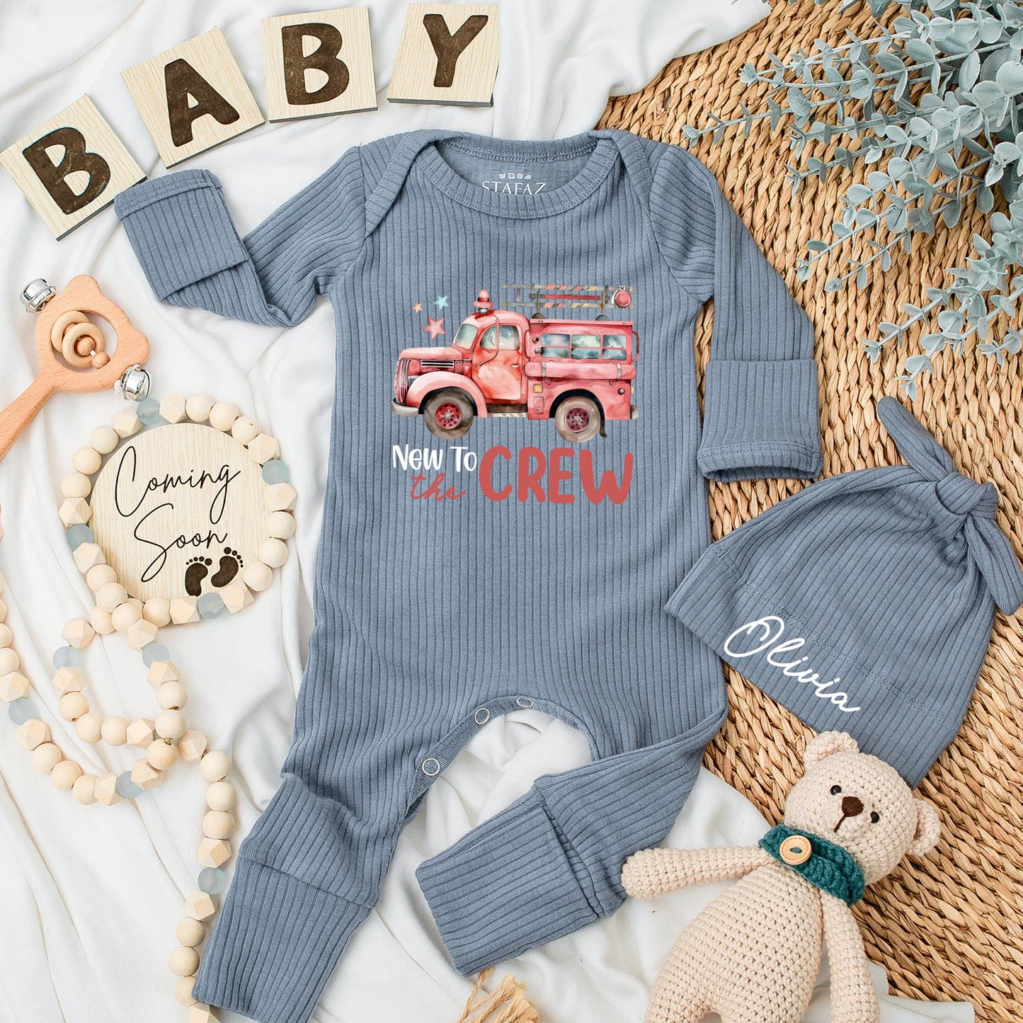 Personalized Fire Truck Baby Bodysuit Set: New to the Crew Firefighter Gift, Cute Cartoon Design, Baby Announcement Outfit, Baby Shower Present (138 chars)