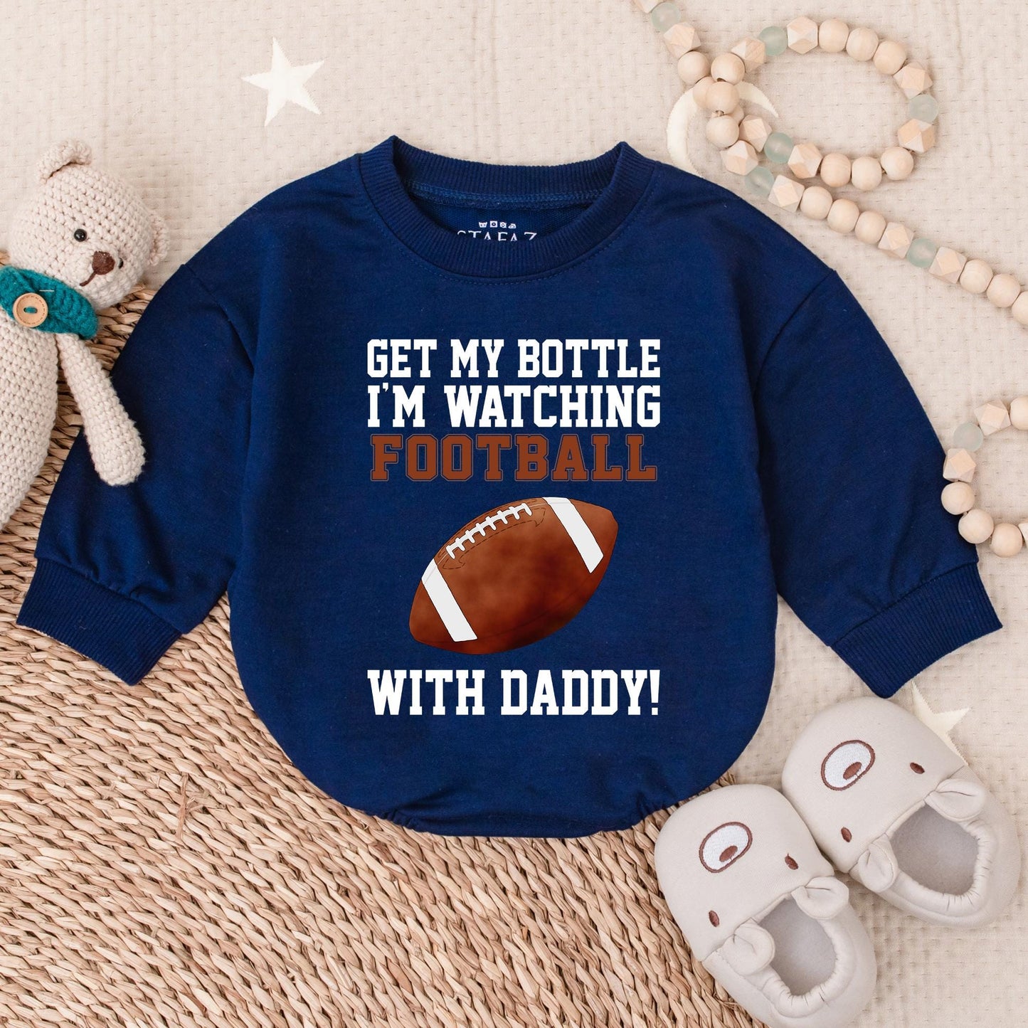 Get My Bottle I'm Watching Football with Daddy Bubble Romper Sports Baby Clothes Game Day Outfit for Little Fan