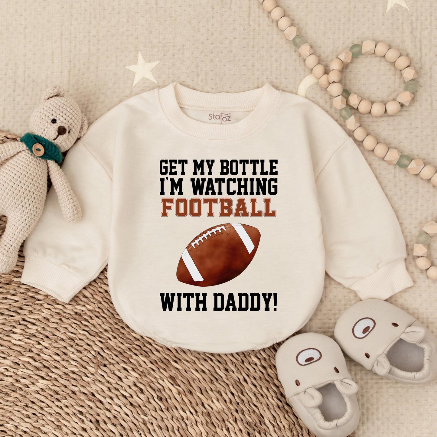 Get My Bottle I'm Watching Football with Daddy Bubble Romper Sports Baby Clothes Game Day Outfit for Little Fan
