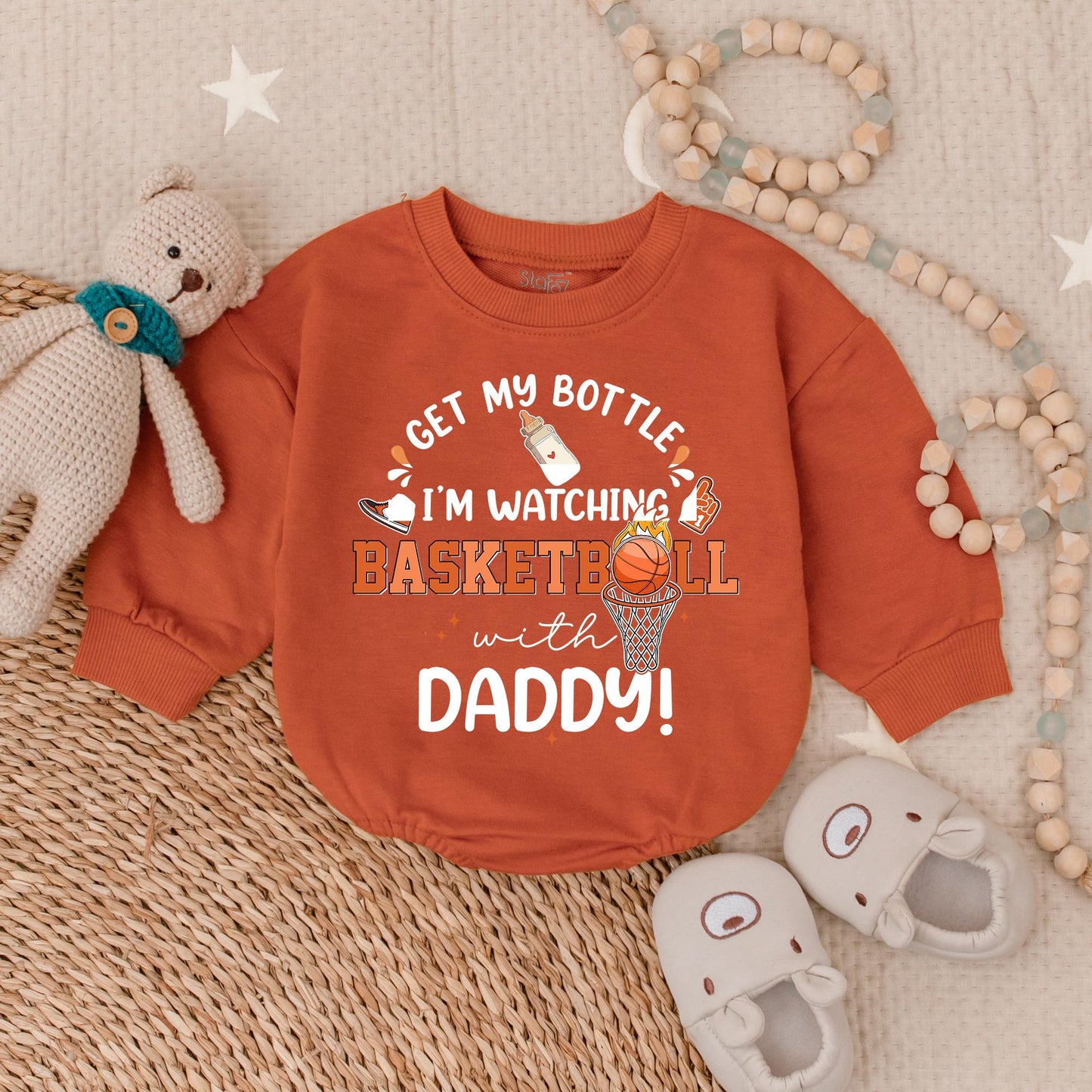 Get My Bottle Watching Basketball with Daddy Bubble Romper Football Baby Bodysuit Game Day Outfit Sports Football Baby Clothes