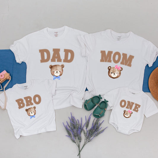 Beary Cute Family Birthday Shirts, Brown Shadow Text Dad Mom Bro One & Watercolor Teddy Bears, Matching First Birthday Party Outfits, Fun 1st Birthday Tee