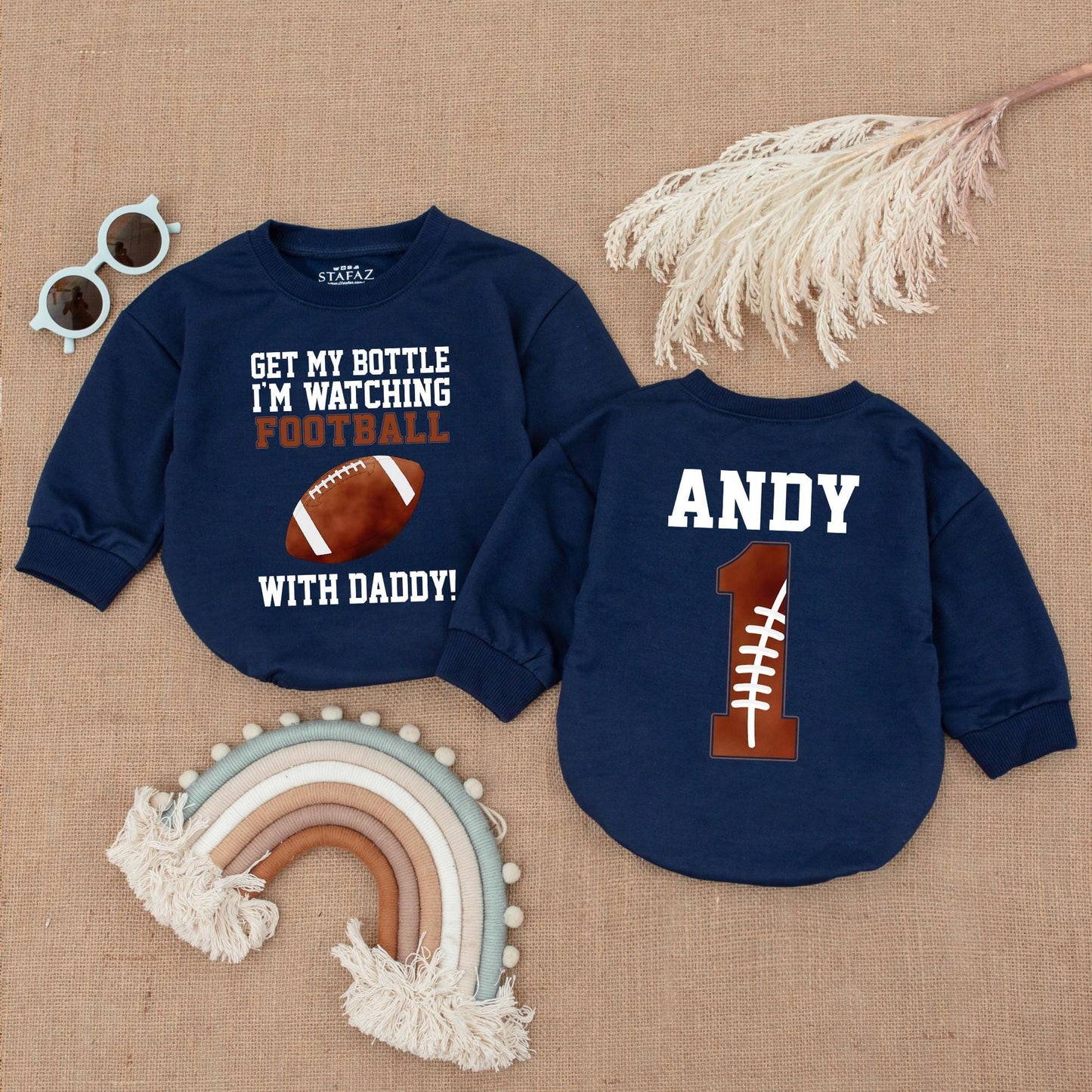 Get My Bottle I'm Watching Football with Daddy Baby Boy Bubble Romper Game Day Outfit Newborn Sports Football Clothes