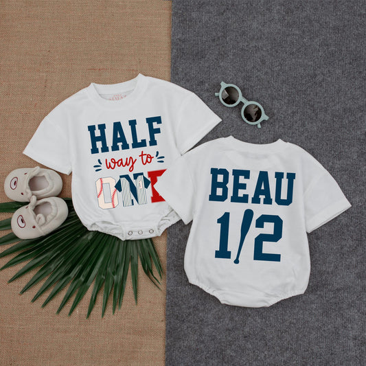 Custom Baseball Half Birthday Romper Short Sleeve Baby Outfit Six Month Baseball Theme Infant Clothes