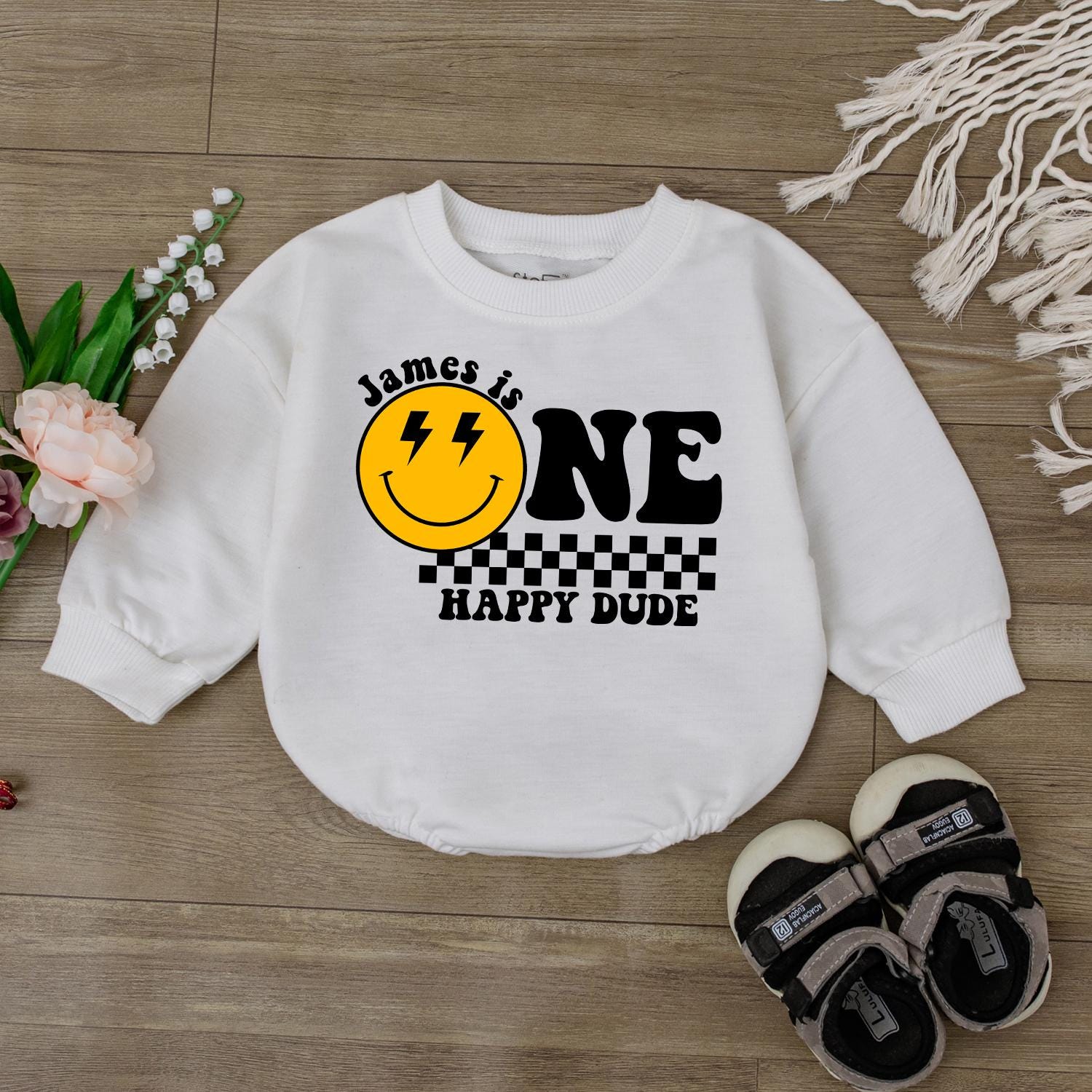 Custom 1st Birthday Bodysuit One Happy Dude Smiley Face Outfit Baby Boy First Birthday Clothes Personalized Gift