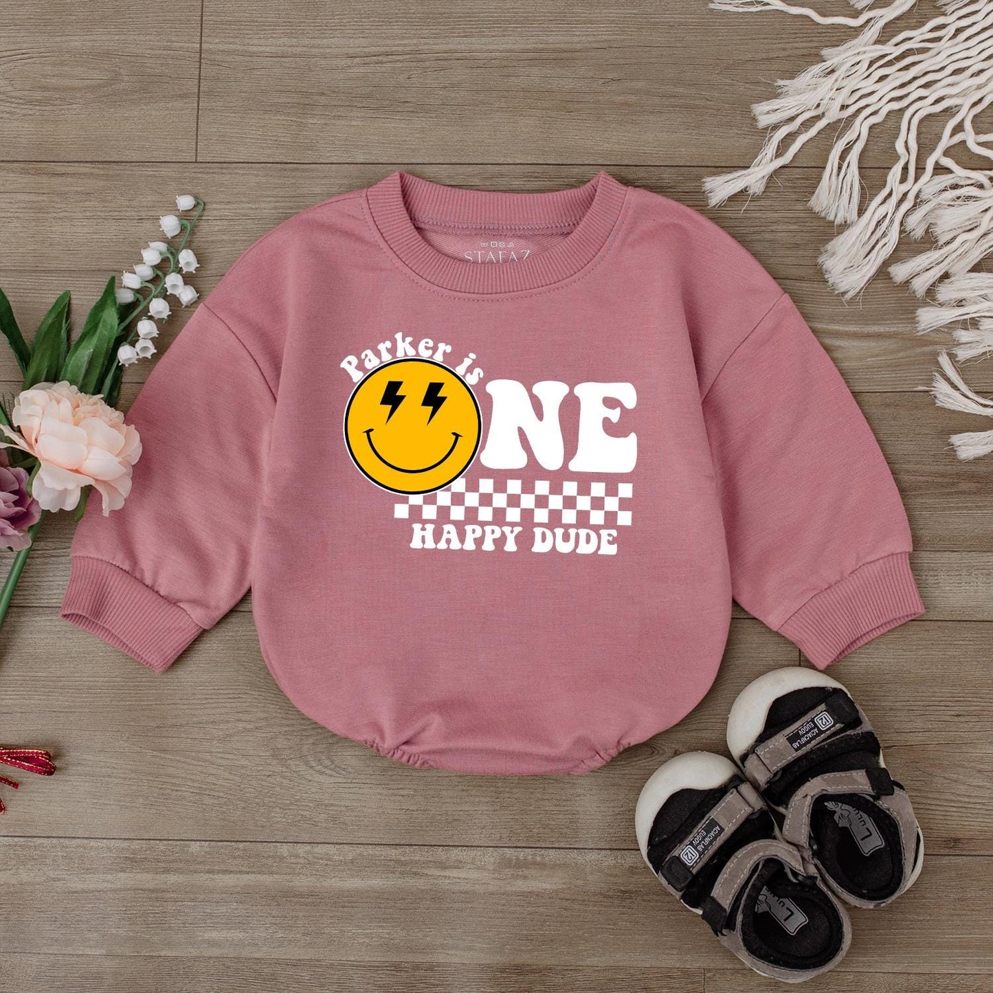 Custom 1st Birthday Bodysuit One Happy Dude Smiley Face Outfit Baby Boy First Birthday Clothes Personalized Gift