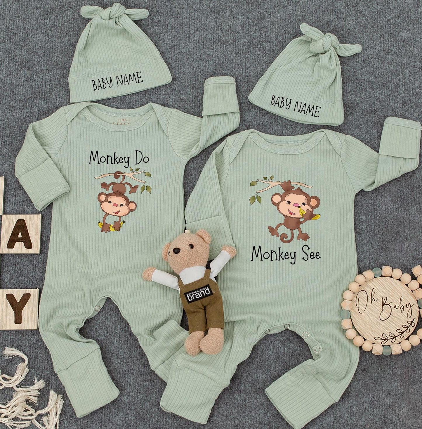 Monkey See Monkey Do Twin Bodysuit Set Cute Jungle Theme Matching Newborn Outfit Perfect Baby Shower Gift