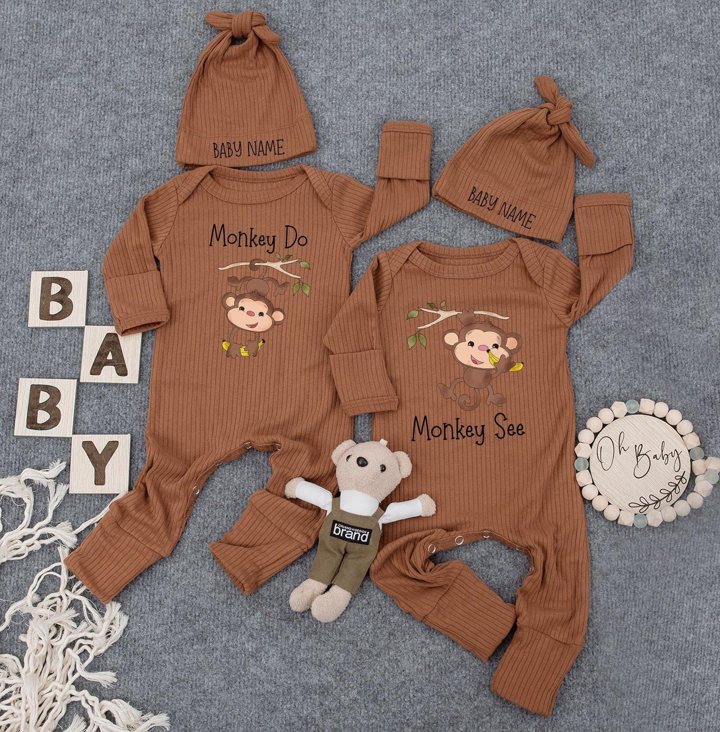 Monkey See Monkey Do Twin Bodysuit Set Cute Jungle Theme Matching Newborn Outfit Perfect Baby Shower Gift