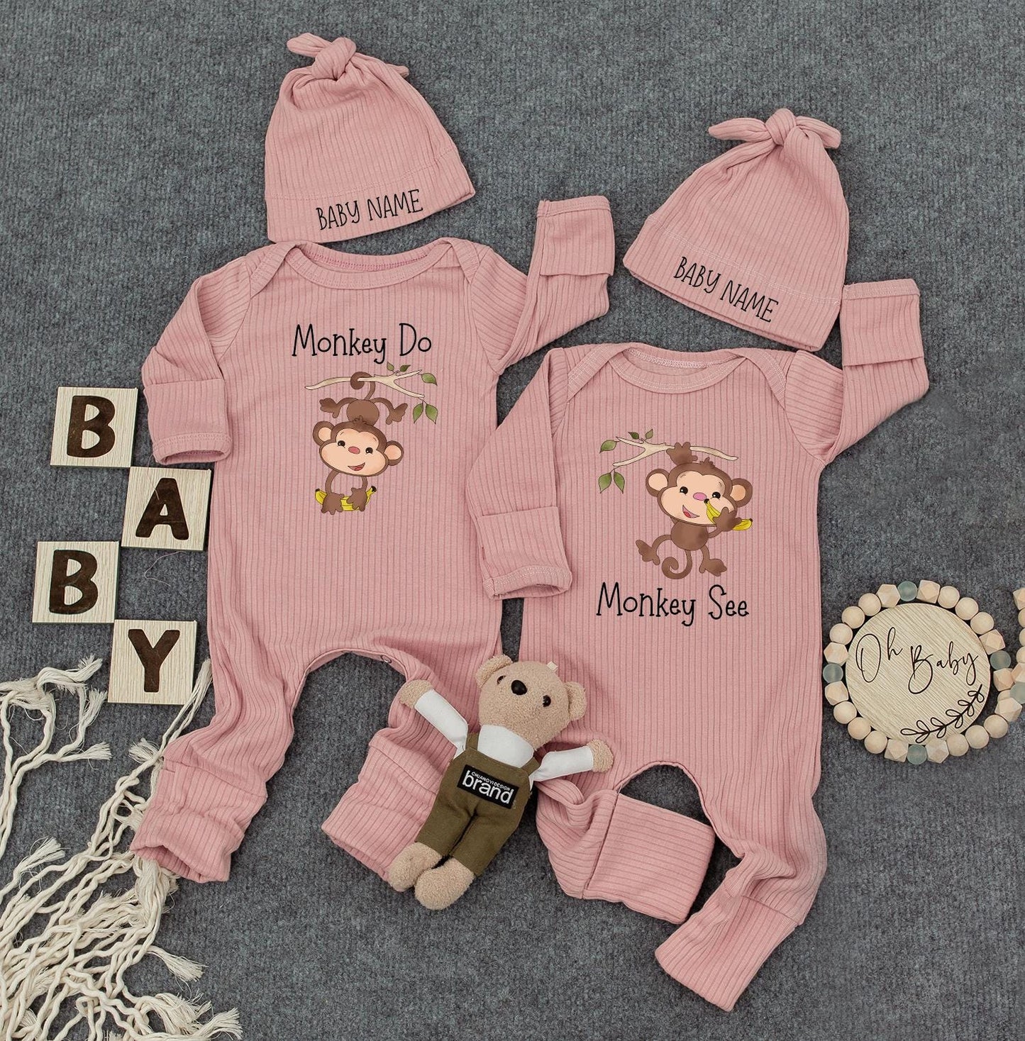 Monkey See Monkey Do Twin Bodysuit Set Cute Jungle Theme Matching Newborn Outfit Perfect Baby Shower Gift