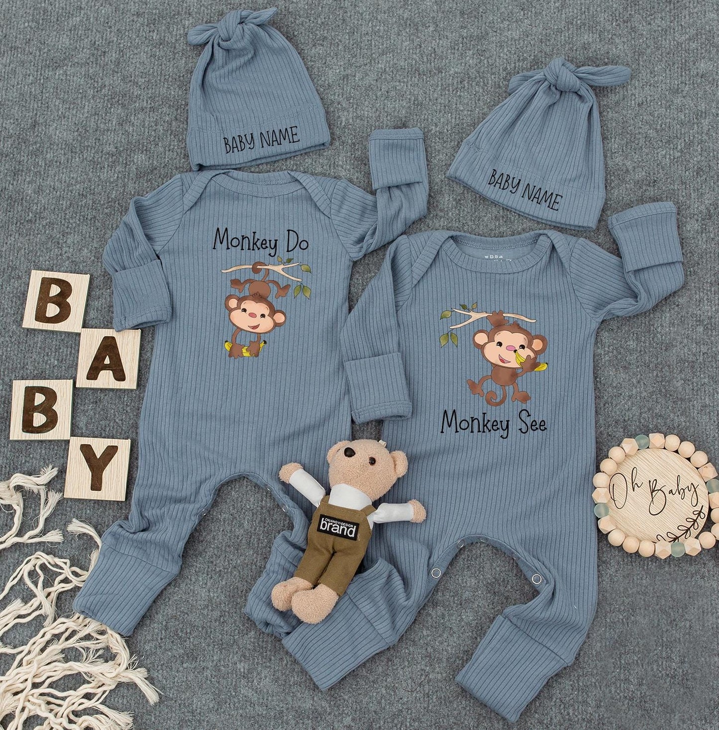 Monkey See Monkey Do Twin Bodysuit Set Cute Jungle Theme Matching Newborn Outfit Perfect Baby Shower Gift