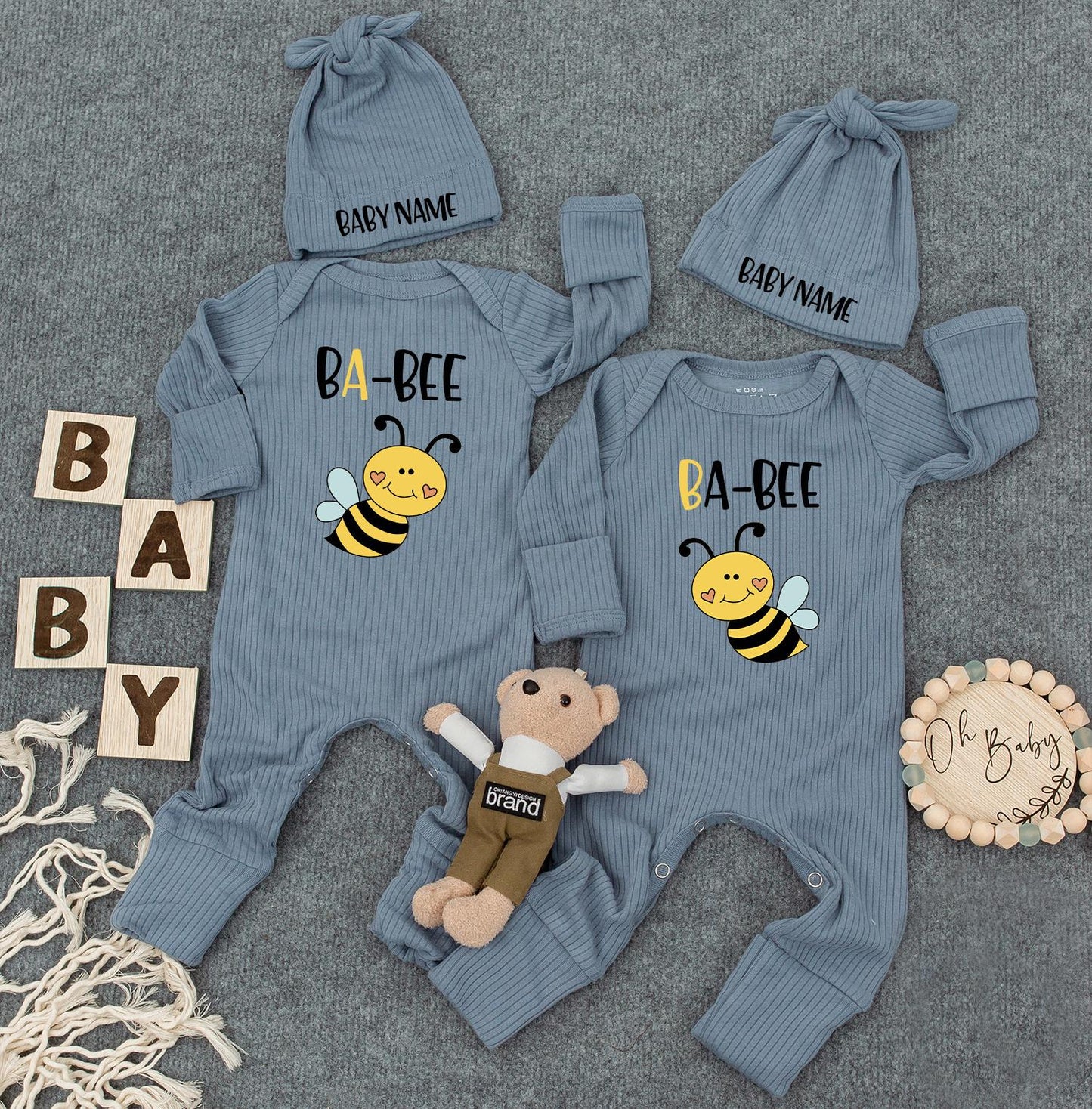 Unisex Twin Outfits, BA-BEE Twin Baby Bodysuit Set with Hats, Newborn Twins Outfits