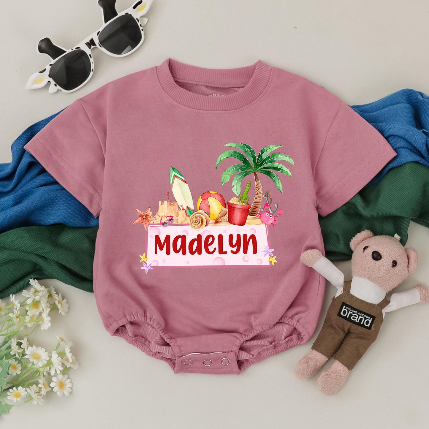 Madelyn's Beach Fun Personalized Romper Custom Name Summer Baby Bodysuit Palm Tree Sandcastle Cute Seaside Outfit
