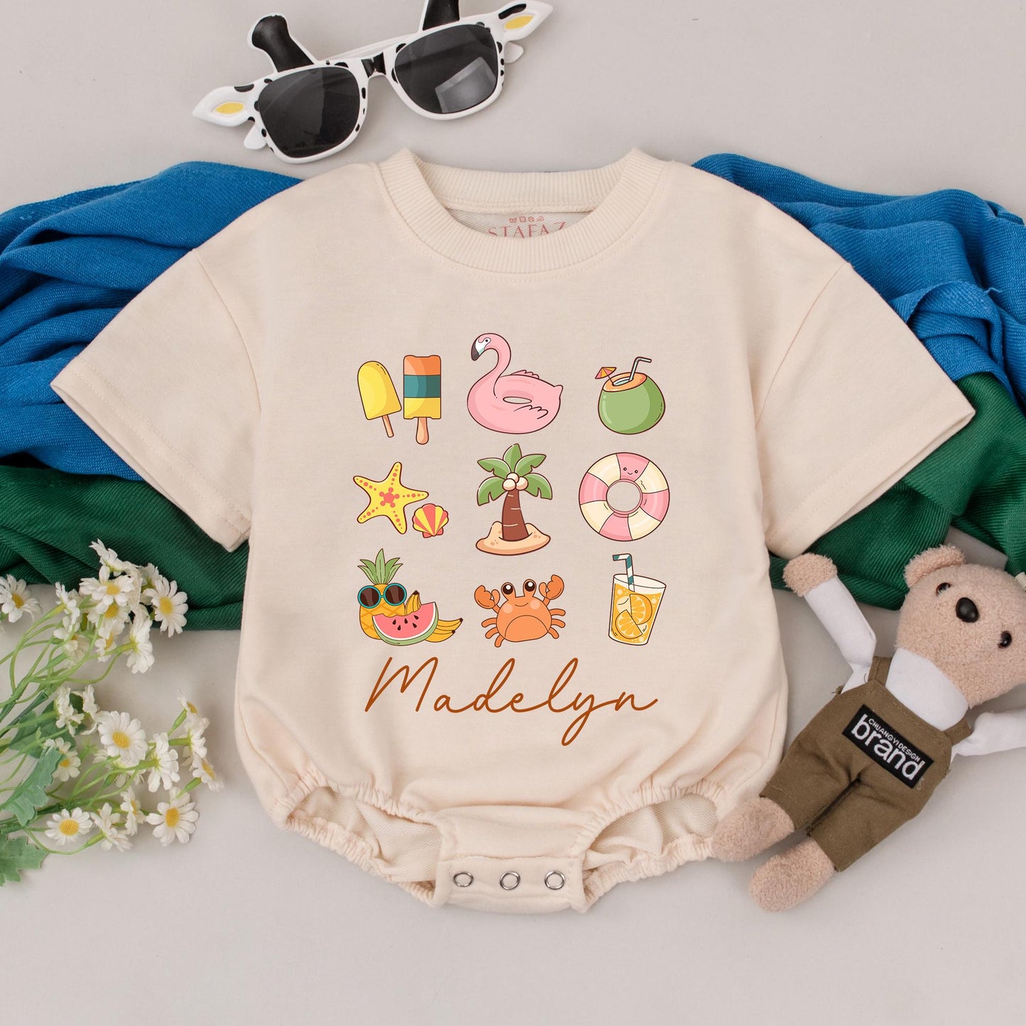 Custom Retro Tropical Summer Baby Romper with Cute Beach Icons Madelyn Name Personalized Summer Bodysuit for Kids Fun Vacation Beachwear