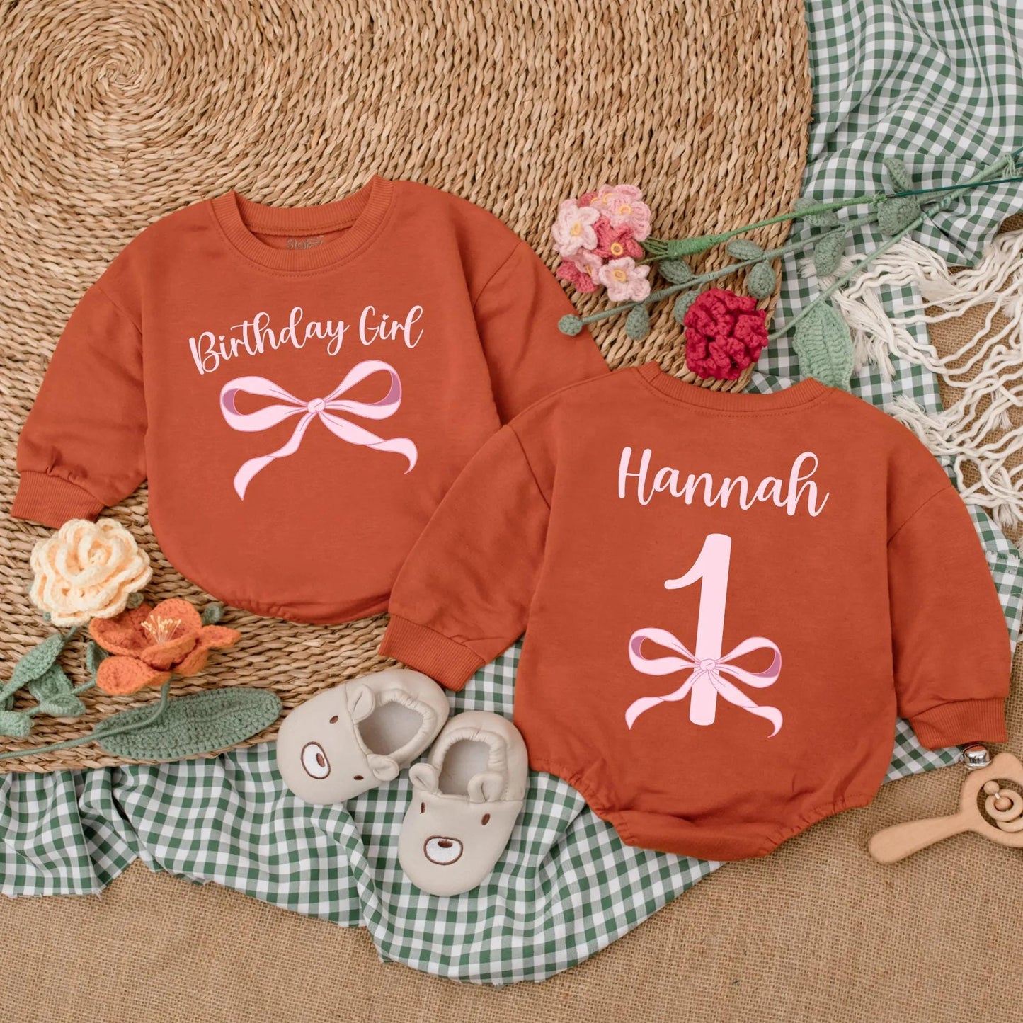 Pink Bow Birthday Girl Romper Personalized First Birthday Bodysuit Baby Girl Clothes Newborn Bubble Romper Girl First Birthday Gift Outfit Custom Name