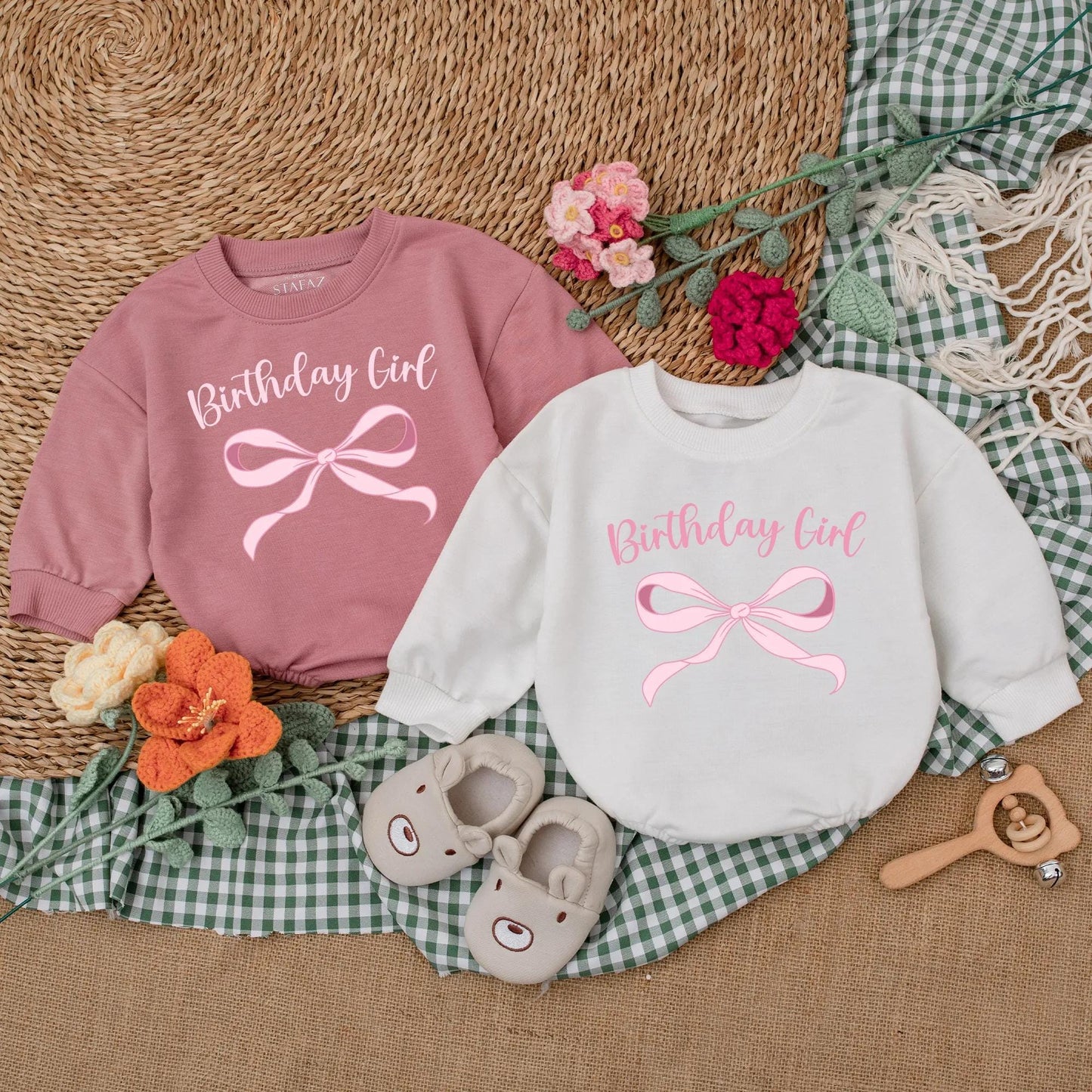 Pink Bow Birthday Girl Romper Personalized First Birthday Bodysuit Baby Girl Clothes Newborn Bubble Romper Girl First Birthday Gift Outfit Custom Name