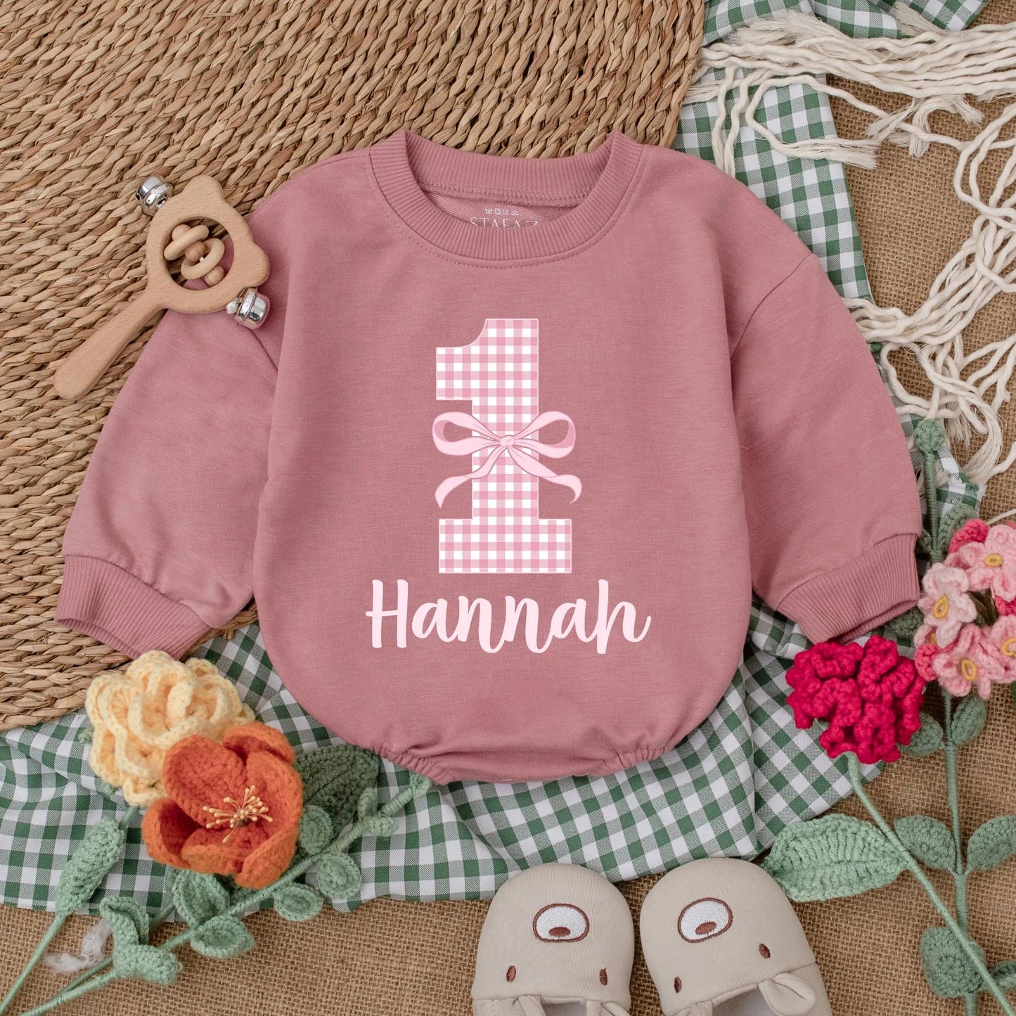 Pink Bow First Birthday Romper Baby Girl Outfit Checkered Bodysuit Girly Party Gift Custom 1st Birthday Clothes