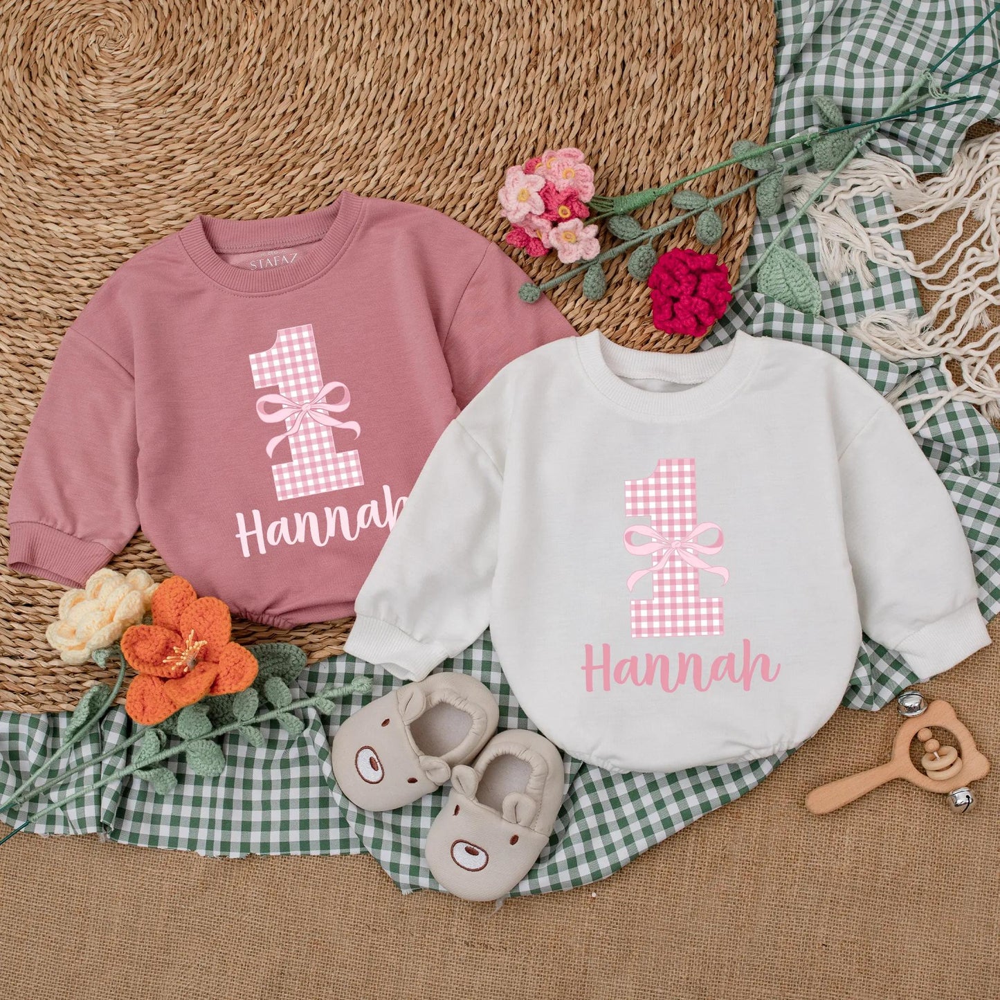 Pink Bow First Birthday Romper Baby Girl Outfit Checkered Bodysuit Girly Party Gift Custom 1st Birthday Clothes