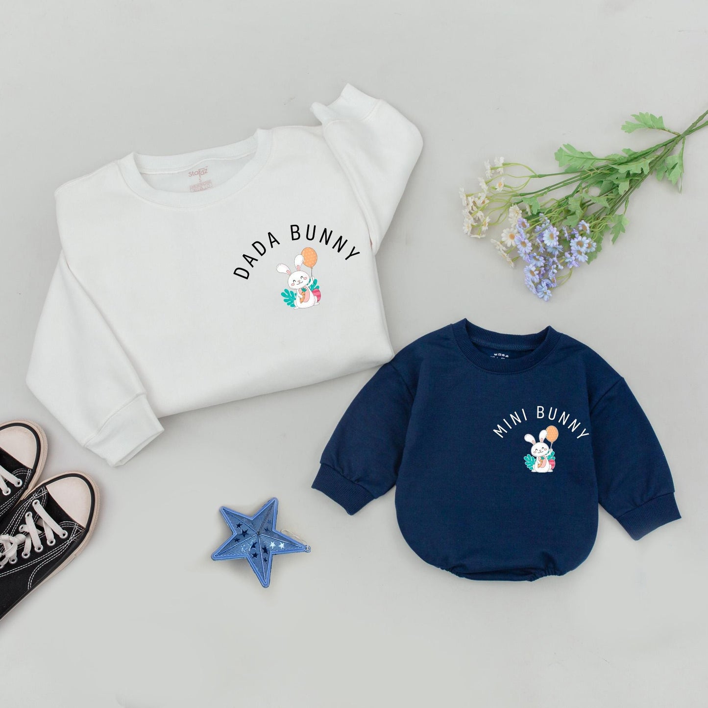 Personalized Mama Bunny Mini Bunny Easter Sweatshirt and Baby Romper Set Mommy and Me Holiday Apparel Soft Cotton Comfortable Gift