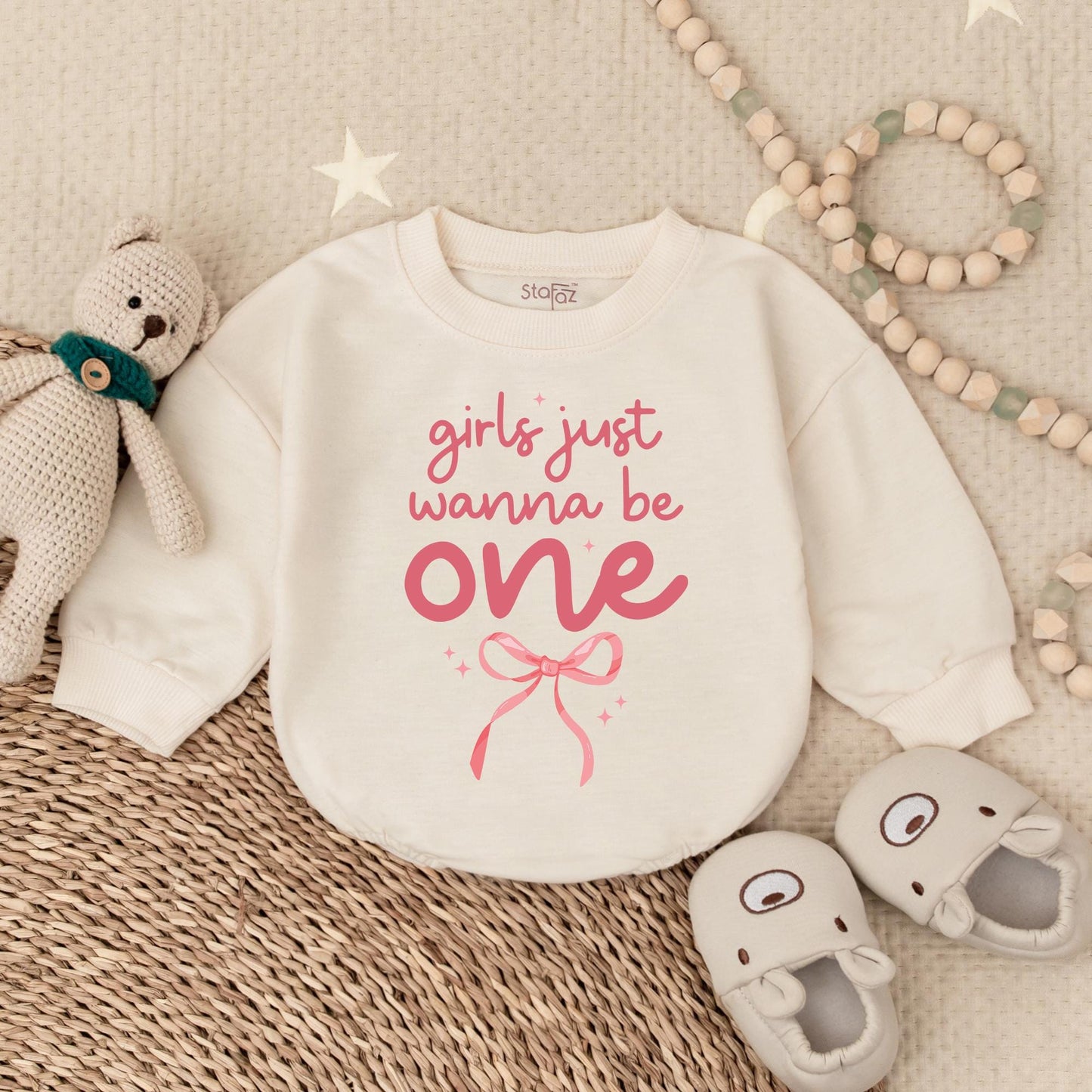 Girls Just Wanna Be One" Pink Bow First Birthday Bubble Romper Outfit Baby Girl Onederful Party Celebration Soft Cotton Cake Smash Gift
