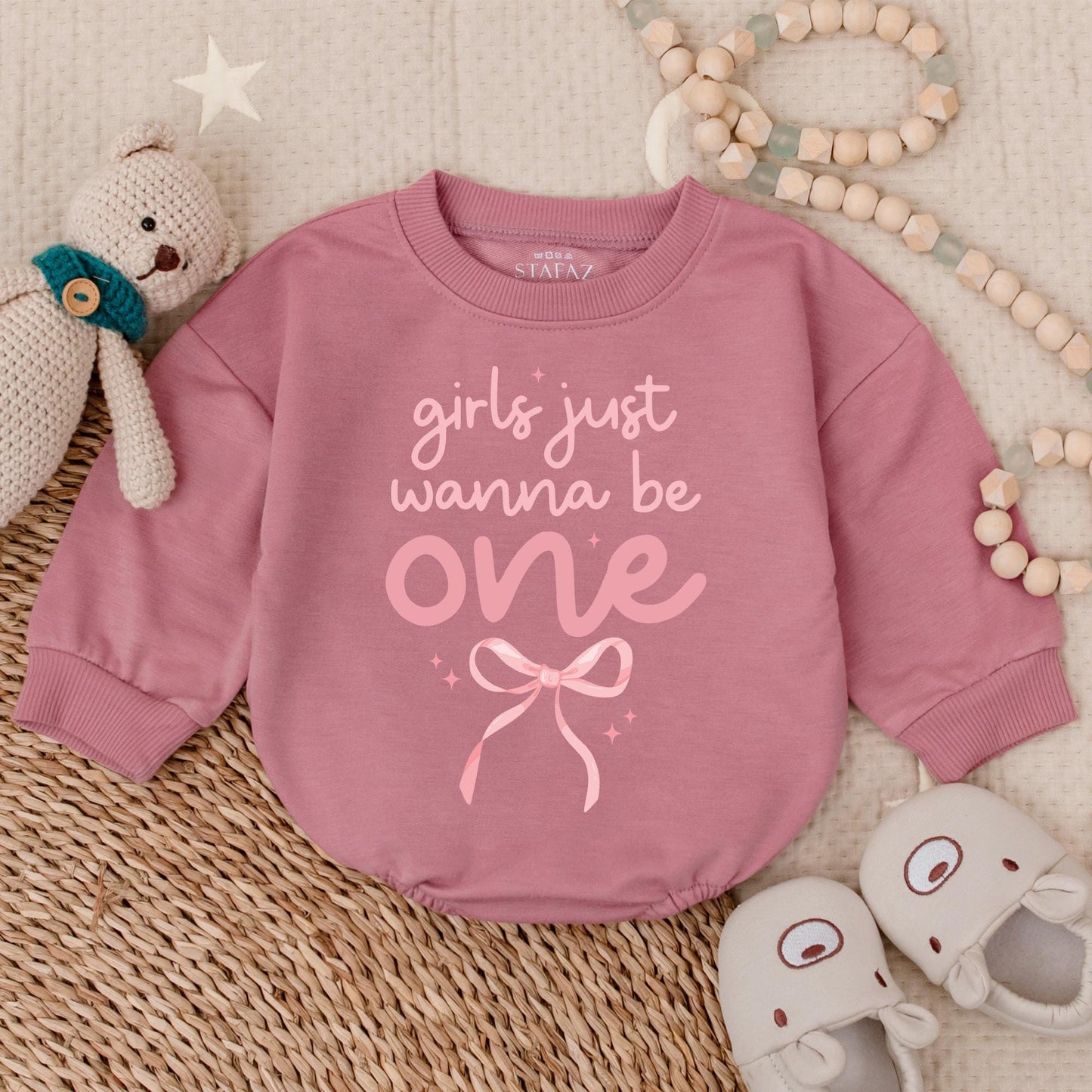 Girls Just Wanna Be One" Pink Bow First Birthday Bubble Romper Outfit Baby Girl Onederful Party Celebration Soft Cotton Cake Smash Gift