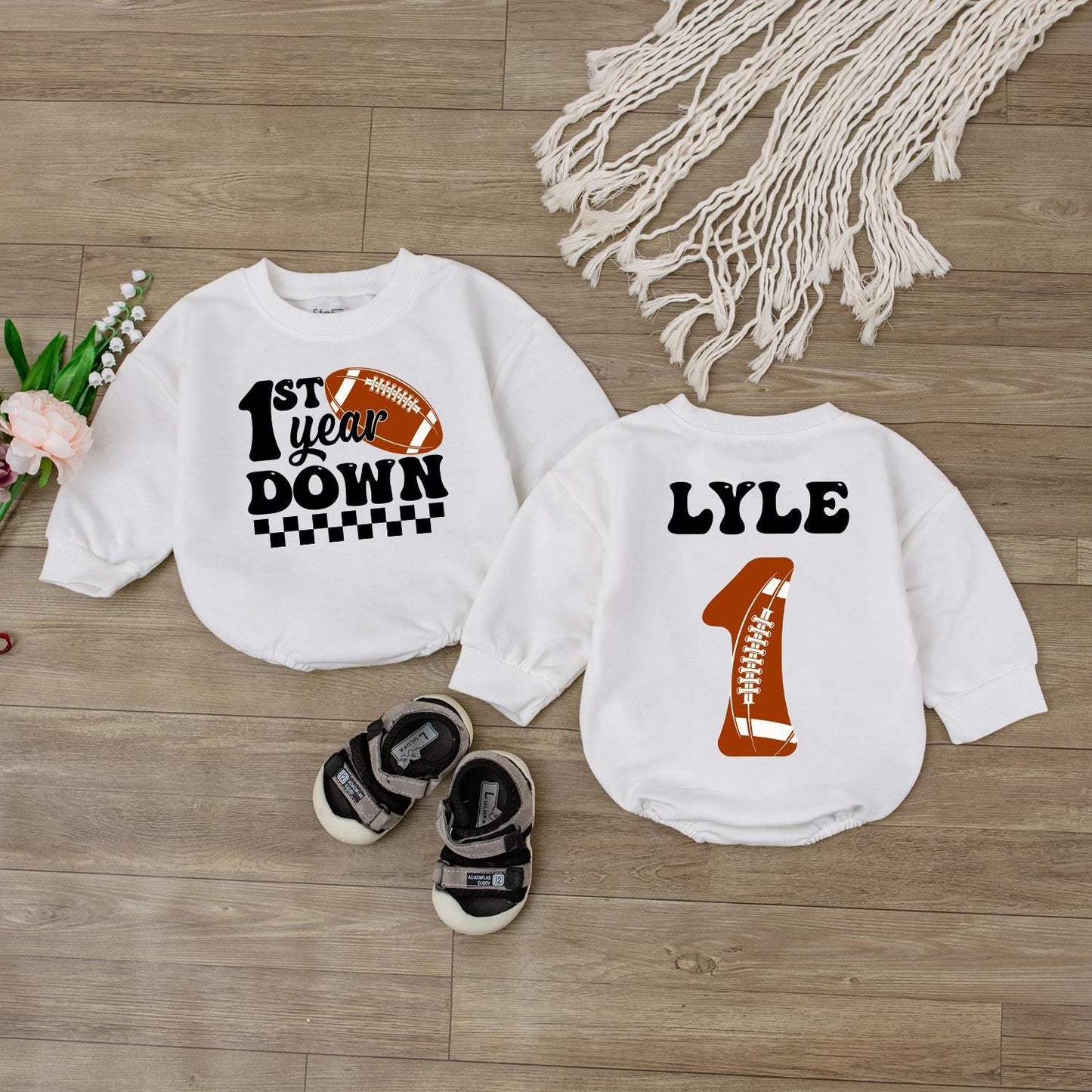 Personalized Matching Family Football 1st Birthday Baby Boy Romper First Year Down Outfit Sport Game Day Bodysuit One Year Old Jumpsuit Cute