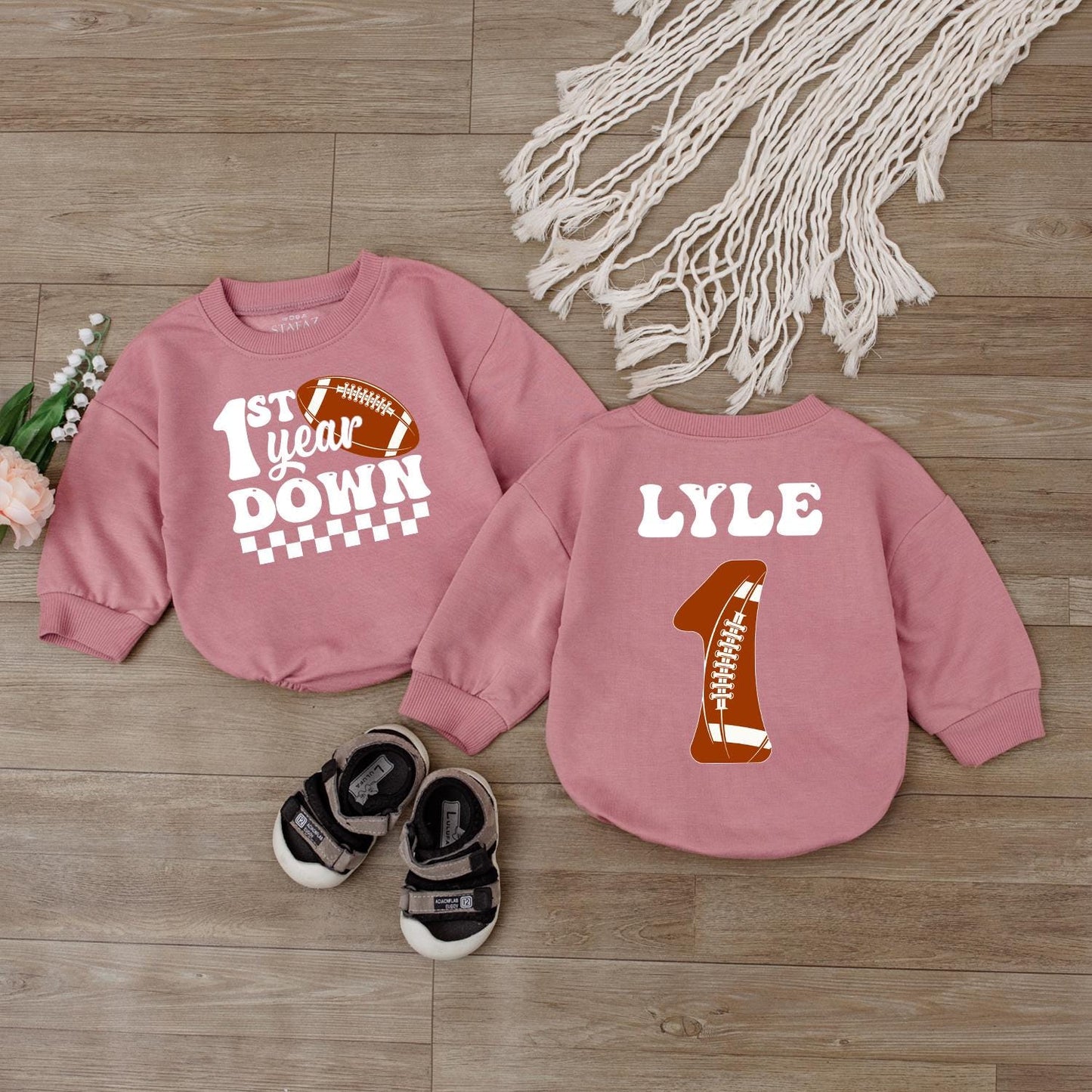 Personalized Matching Family Football 1st Birthday Baby Boy Romper First Year Down Outfit Sport Game Day Bodysuit One Year Old Jumpsuit Cute
