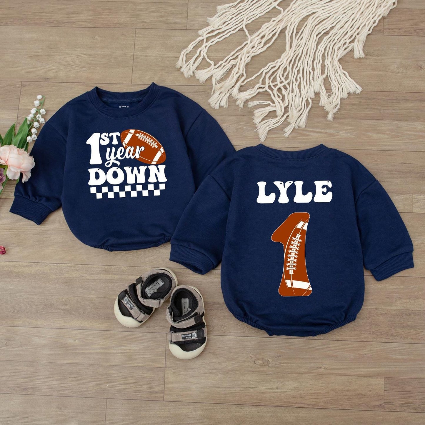 Personalized Matching Family Football 1st Birthday Baby Boy Romper First Year Down Outfit Sport Game Day Bodysuit One Year Old Jumpsuit Cute