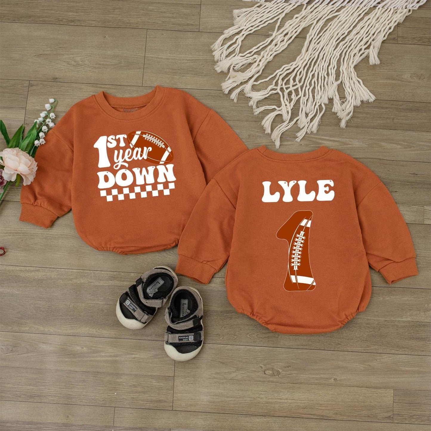 Personalized Matching Family Football 1st Birthday Baby Boy Romper First Year Down Outfit Sport Game Day Bodysuit One Year Old Jumpsuit Cute