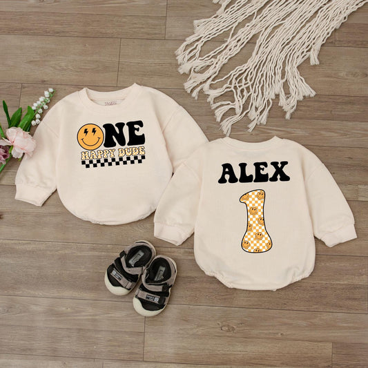 One Happy Dude Birthday Bodysuit for Boys First Birthday Smiley Face Outfit Custom Name Toddler Baby Clothes