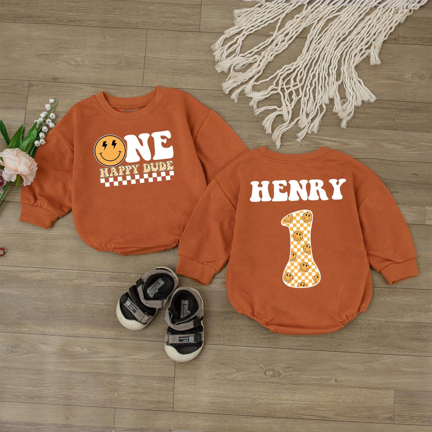 One Happy Dude Birthday Bodysuit for Boys First Birthday Smiley Face Outfit Custom Name Toddler Baby Clothes