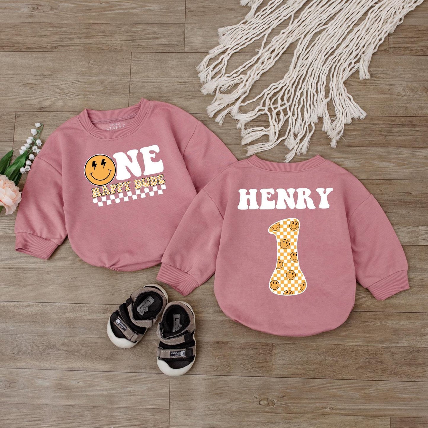 One Happy Dude Birthday Bodysuit for Boys First Birthday Smiley Face Outfit Custom Name Toddler Baby Clothes