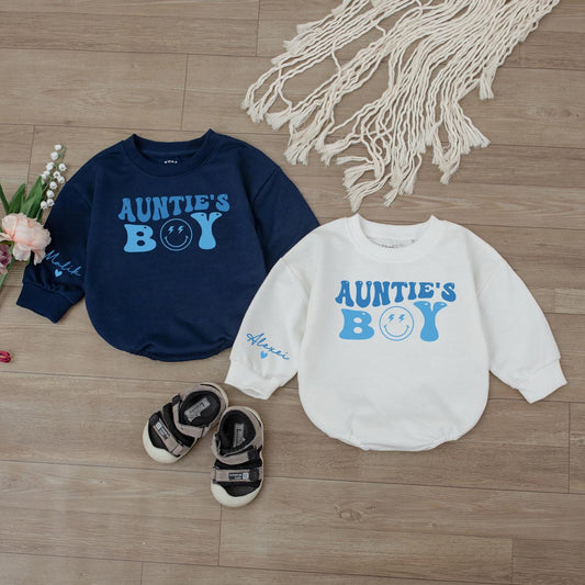 Auntie’s Boy Baby Bodysuit Cute Little Bestie Outfit Gift for Aunties Groovy Smiley Face Newborn Romper Baby Clothes