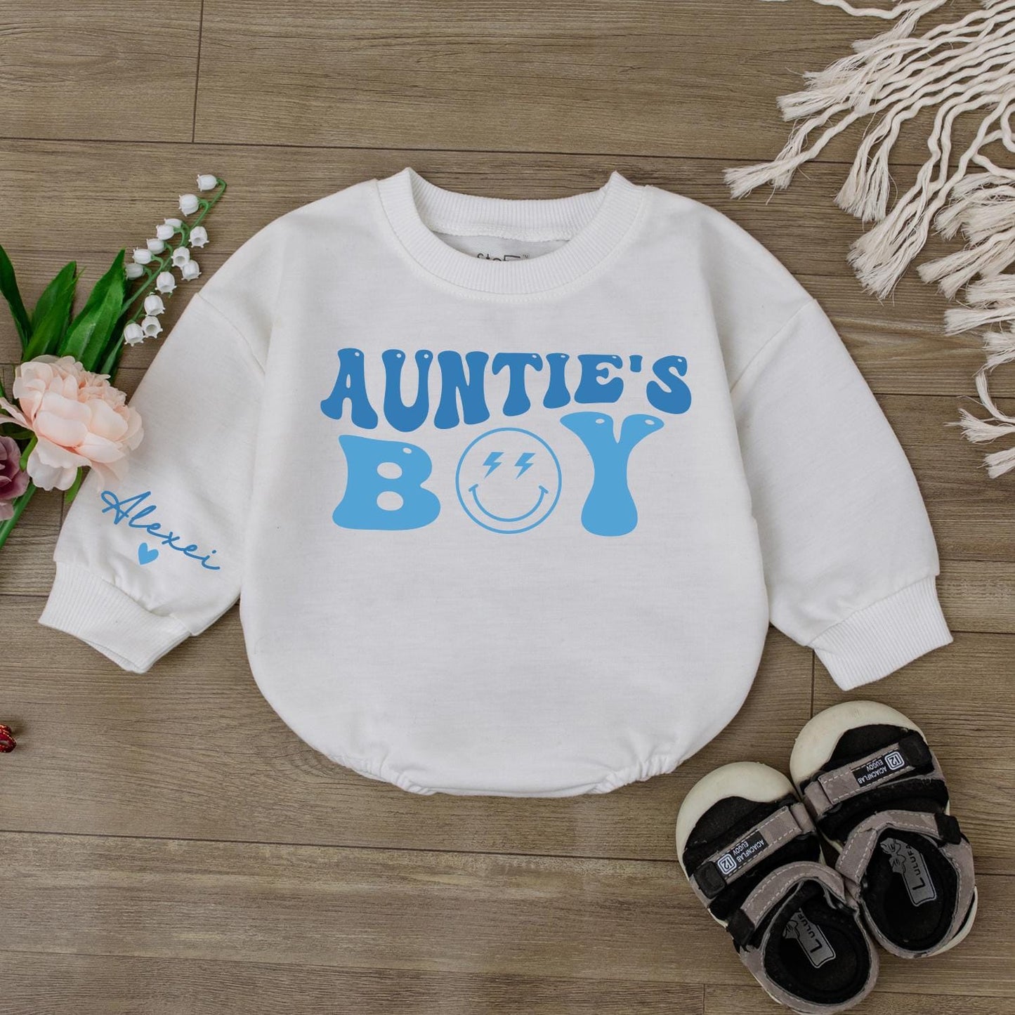Auntie’s Boy Baby Bodysuit Cute Little Bestie Outfit Gift for Aunties Groovy Smiley Face Newborn Romper Baby Clothes